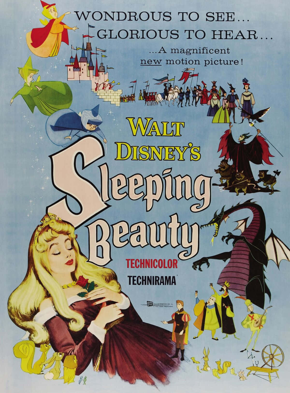 sleeping beauty 桌布 壁紙 — 復古華特迪士尼《睡美人》電影海報， featuring 奧羅拉公主、龍、仙女和皇室角色，以Technicolor插圖呈現。