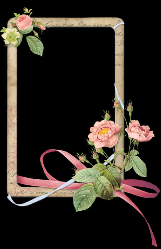 Marriage 桌布 壁紙 — 復古華麗框架，飾有粉紅玫瑰、綠葉和絲帶，背景為黑色。