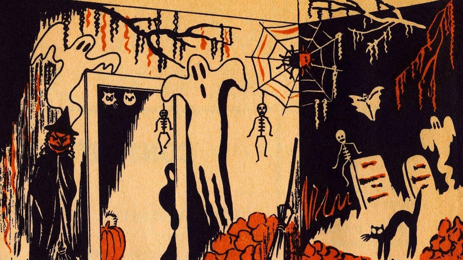 Vintage Halloween 桌布 壁紙 — 復古萬聖節插圖，以鬼魂、骷髏、南瓜和蝙蝠為特色，採用大膽的黑色、橙色和奶油色調。
