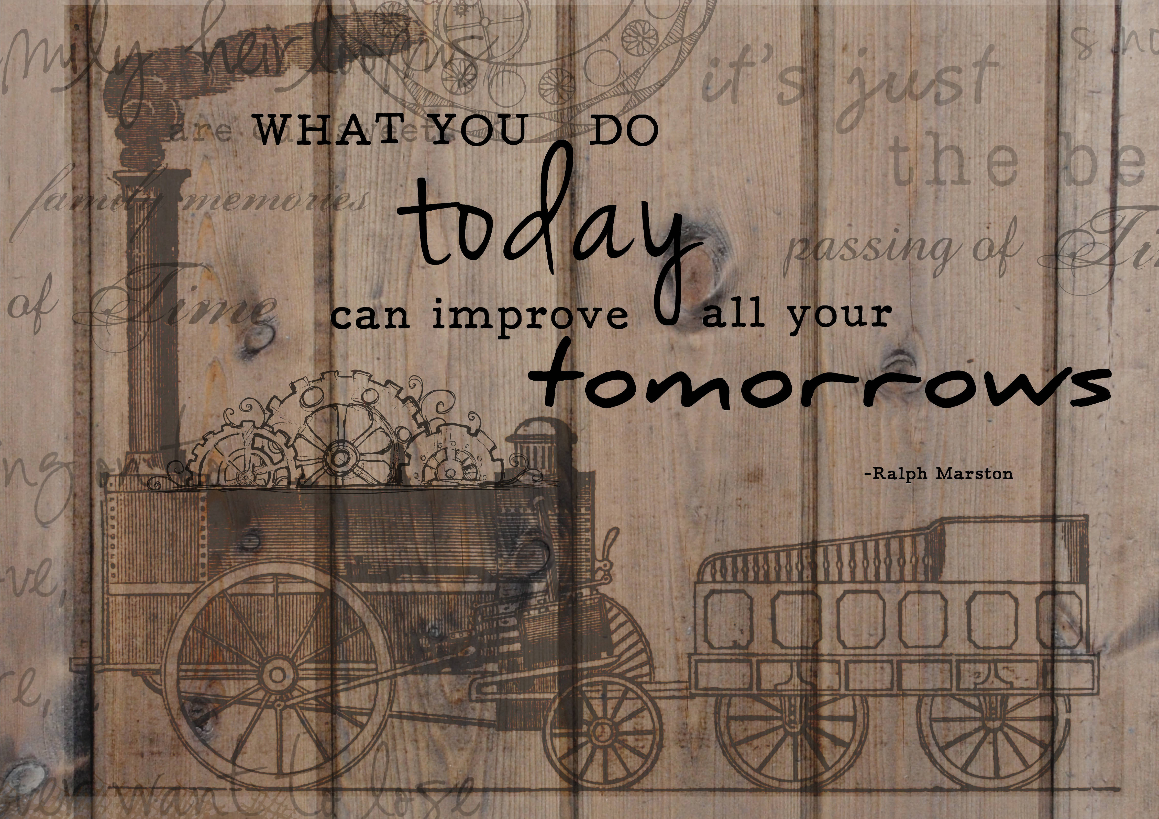 Inspirational Quotes 桌布 壁紙 — 復古蒸汽火車插圖，繪於風化木上，附有激勵語錄，關於今天改善明天。