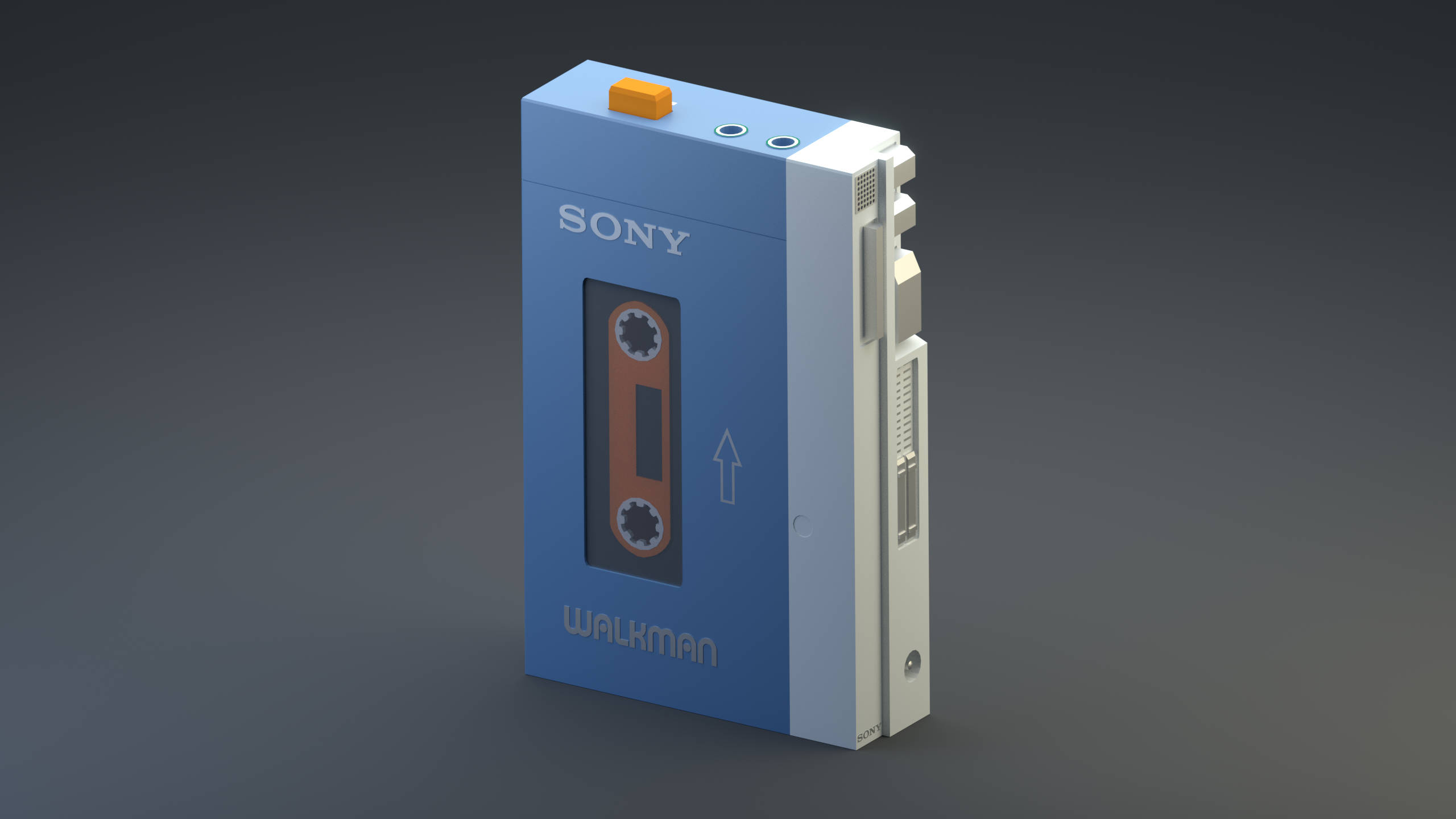 Sony 桌布 壁紙 — 復古藍色Sony Walkman便攜式卡式錄音機，帶橙色點綴和可見的磁帶倉。