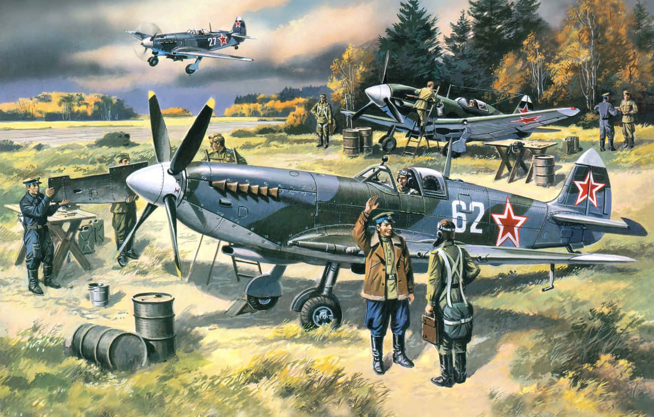 Departure 桌布 壁紙 — 復古蘇聯戰鬥機帶有紅星，停泊在草地機場上，士兵們在陰天秋空下工作和交談。