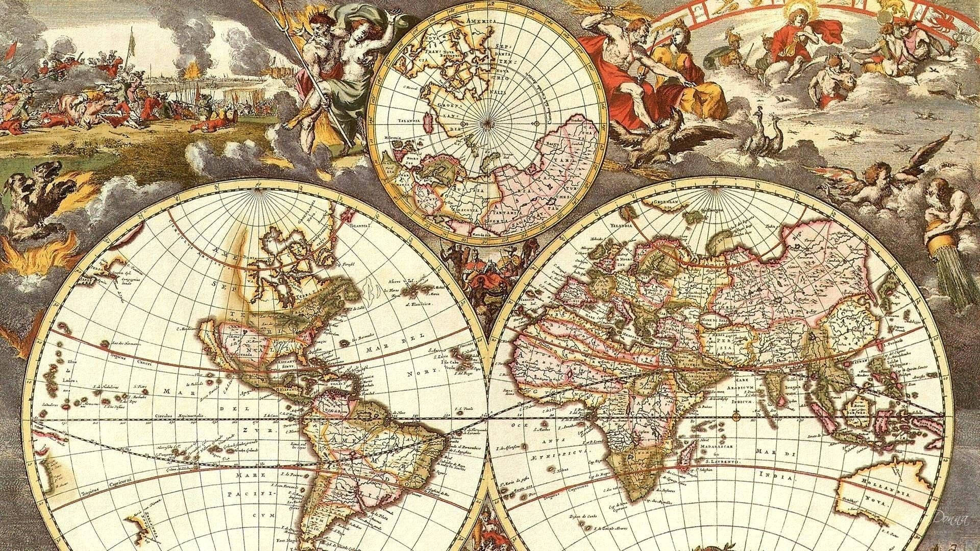 World 桌布 壁紙 — 復古裝飾世界地圖，周圍環繞著神話人物和戰鬥場景，色調豐富的大地色系。