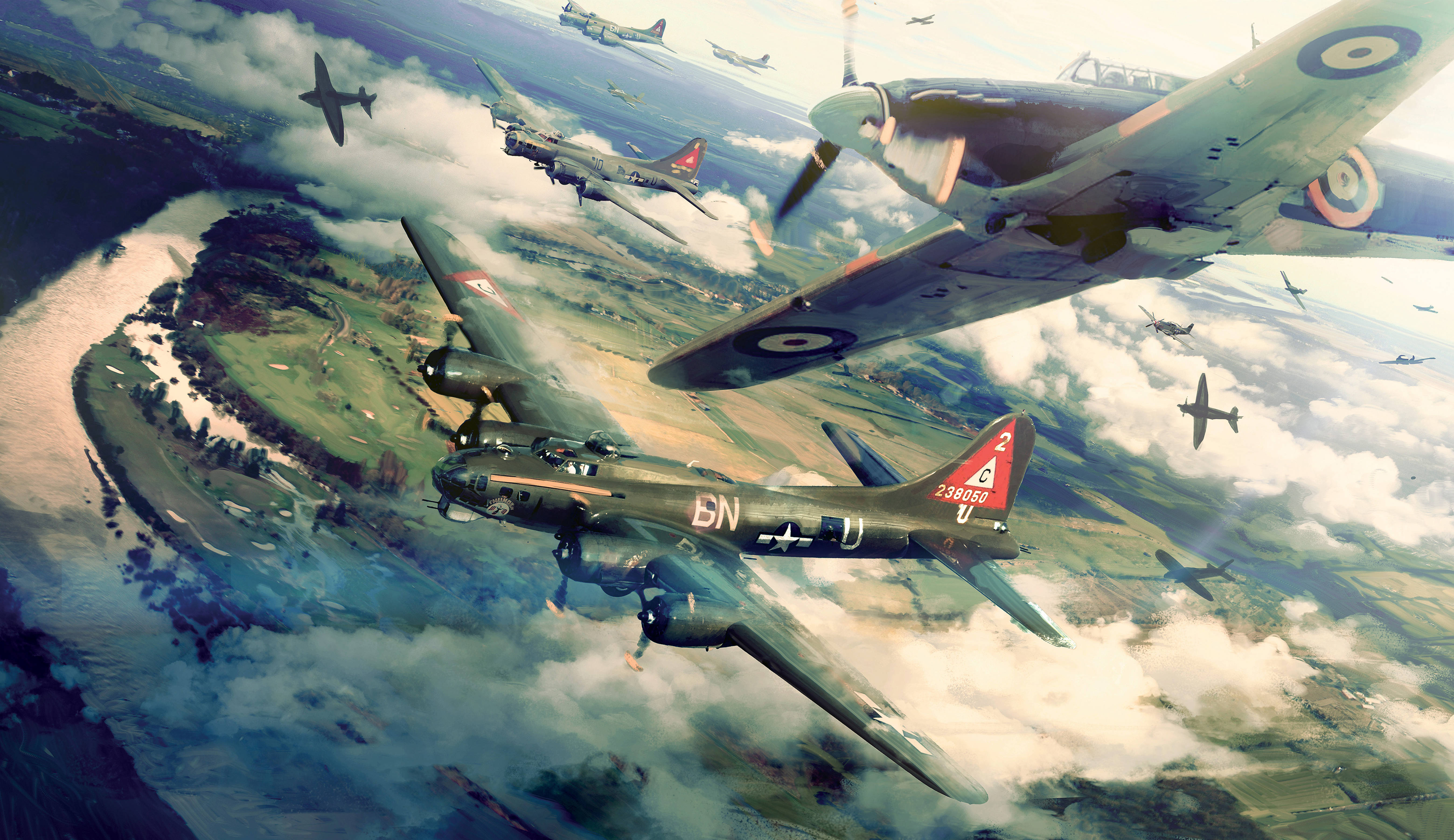 Battlefield 5 桌布 壁紙 — 復古軍用飛機在雲層中翱翔，飛越綠色鄉村景觀，呈現動態空戰場景。