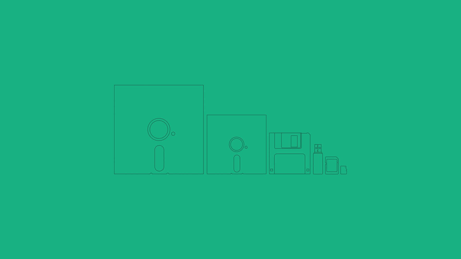 Minimalist Technology 桌布 壁紙 — 復古軟碟以遞減尺寸排列在純青色背景上的極簡線條藝術。