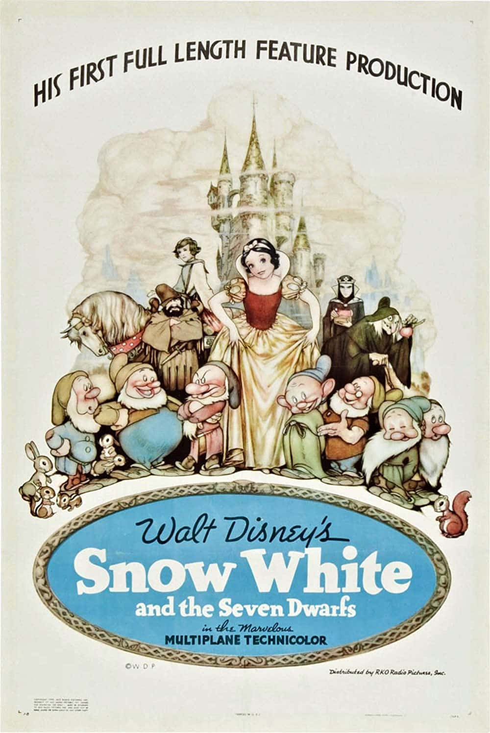 白雪公主 桌布 壁紙 — 復古迪士尼《白雪公主與七個小矮人》海報，公主與小矮人在城堡前。