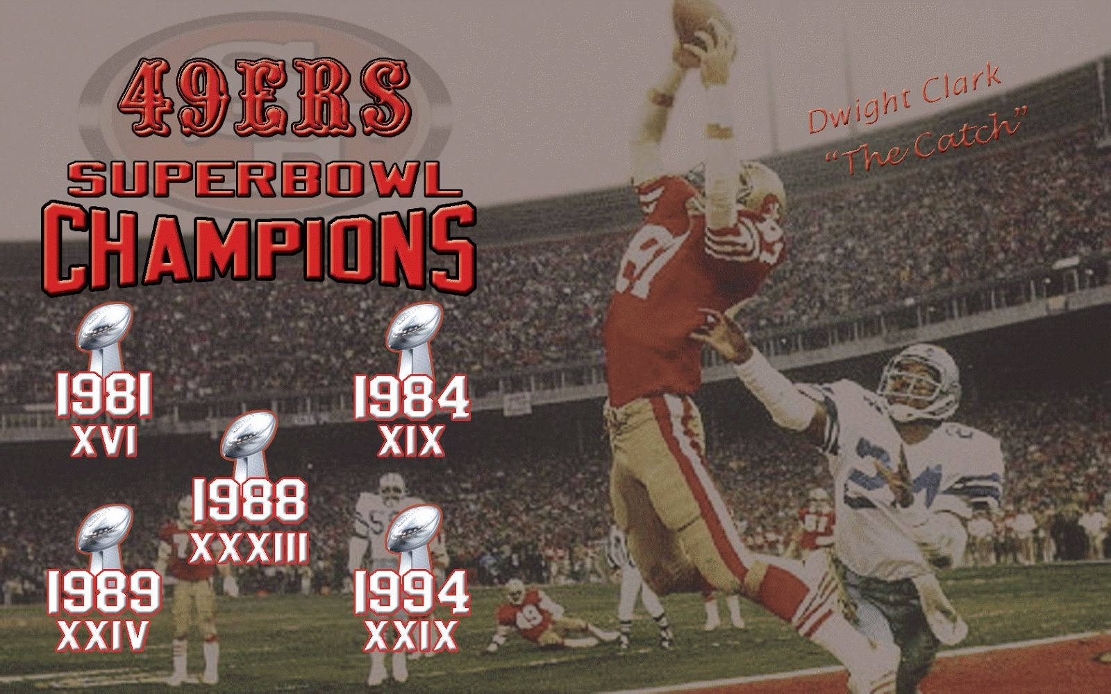 49ers 桌布 壁紙 — 復古運動風格桌布，慶祝舊金山49人隊的超級盃勝利，附有德懷特·克拉克做出「The Catch」的動態照片。