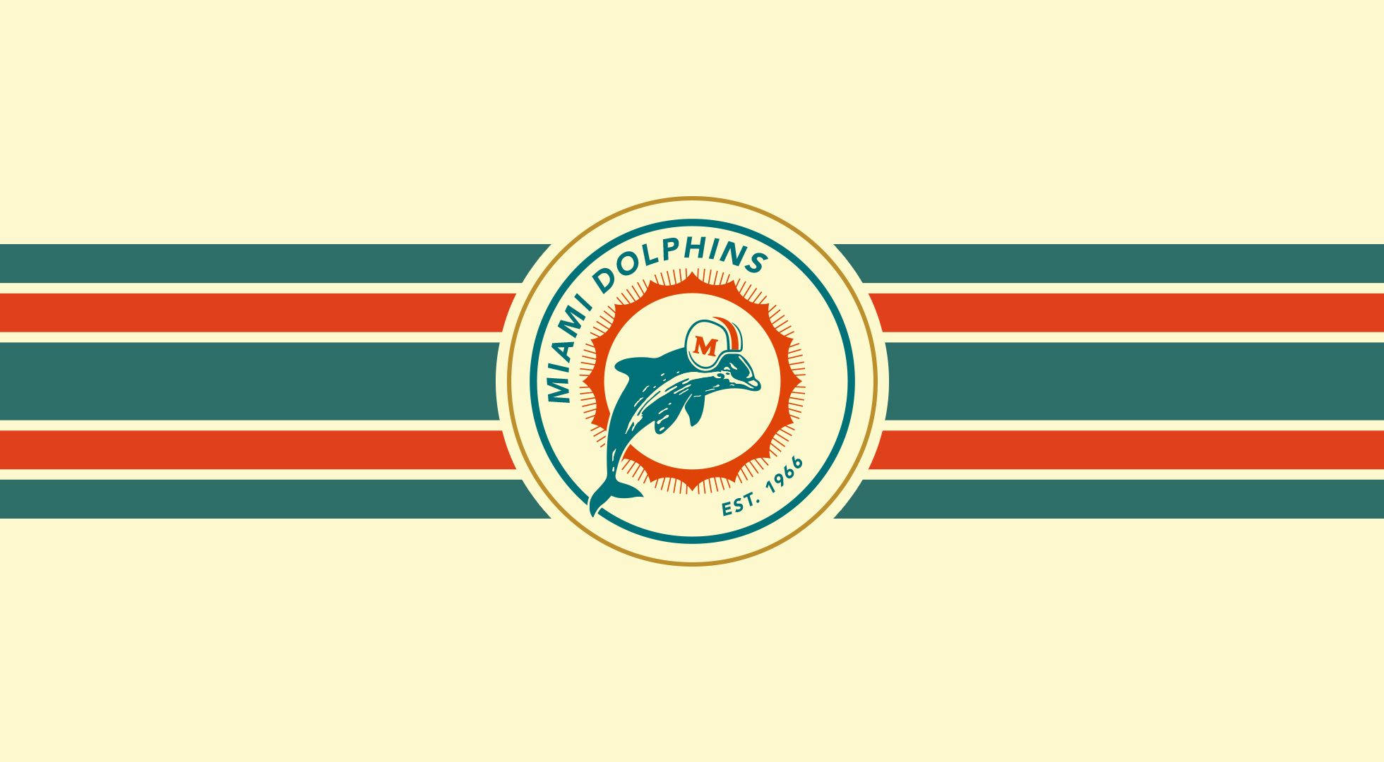 dolphins 桌布 壁紙 — 復古邁阿密海豚標誌居中於奶油色背景上，帶有紅色和藍綠色水平條紋。