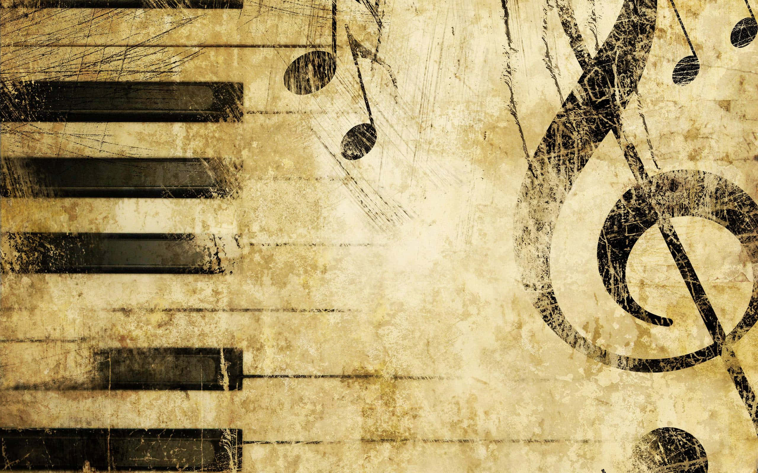 Music Notes 桌布 壁紙 — 復古鋼琴琴鍵和音符蝕刻在帶有垃圾搖滾紋理的風化羊皮紙上。