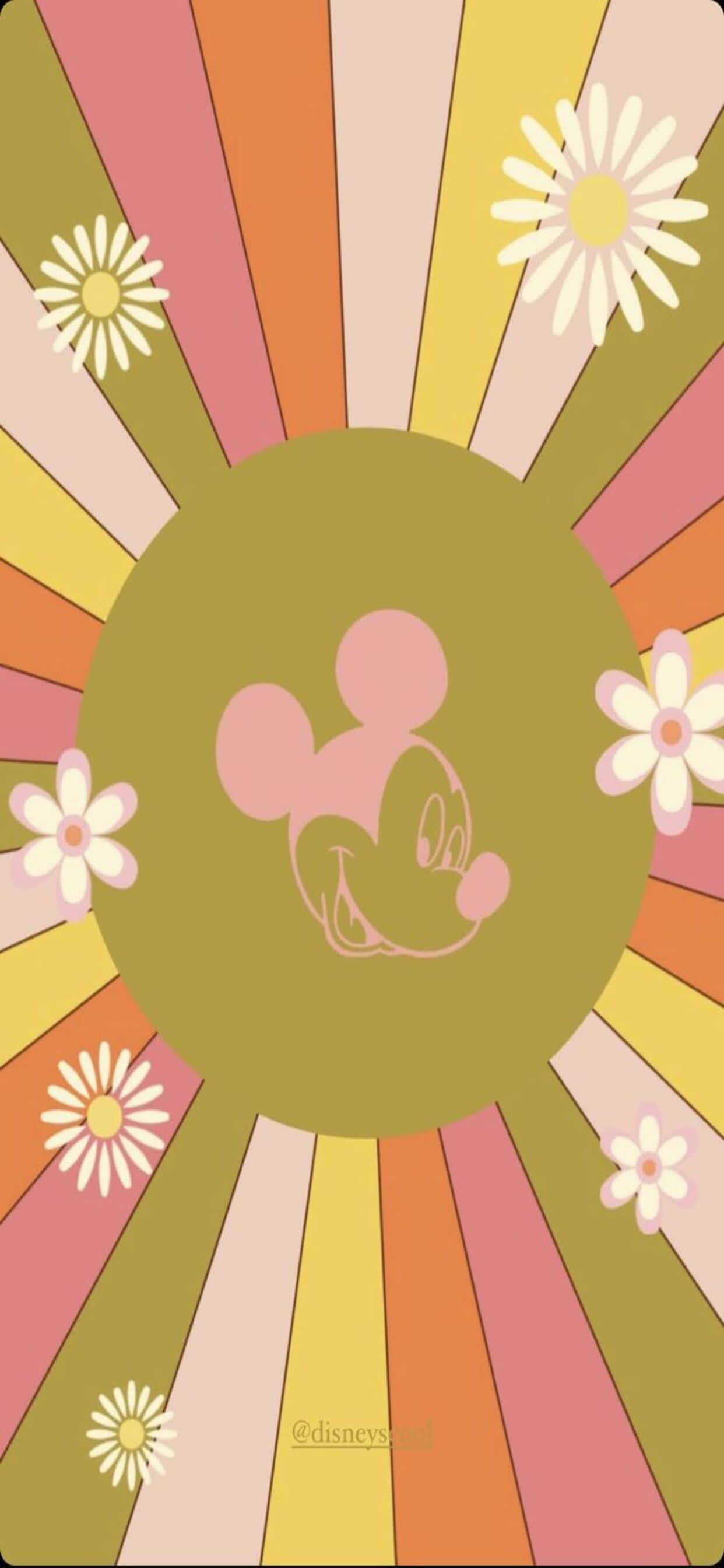 iPhone Xs Max Disney 桌布 壁紙 — 復古陽光射線桌布，粉紅色米奇老鼠剪影被雛菊環繞在粉彩條紋上。