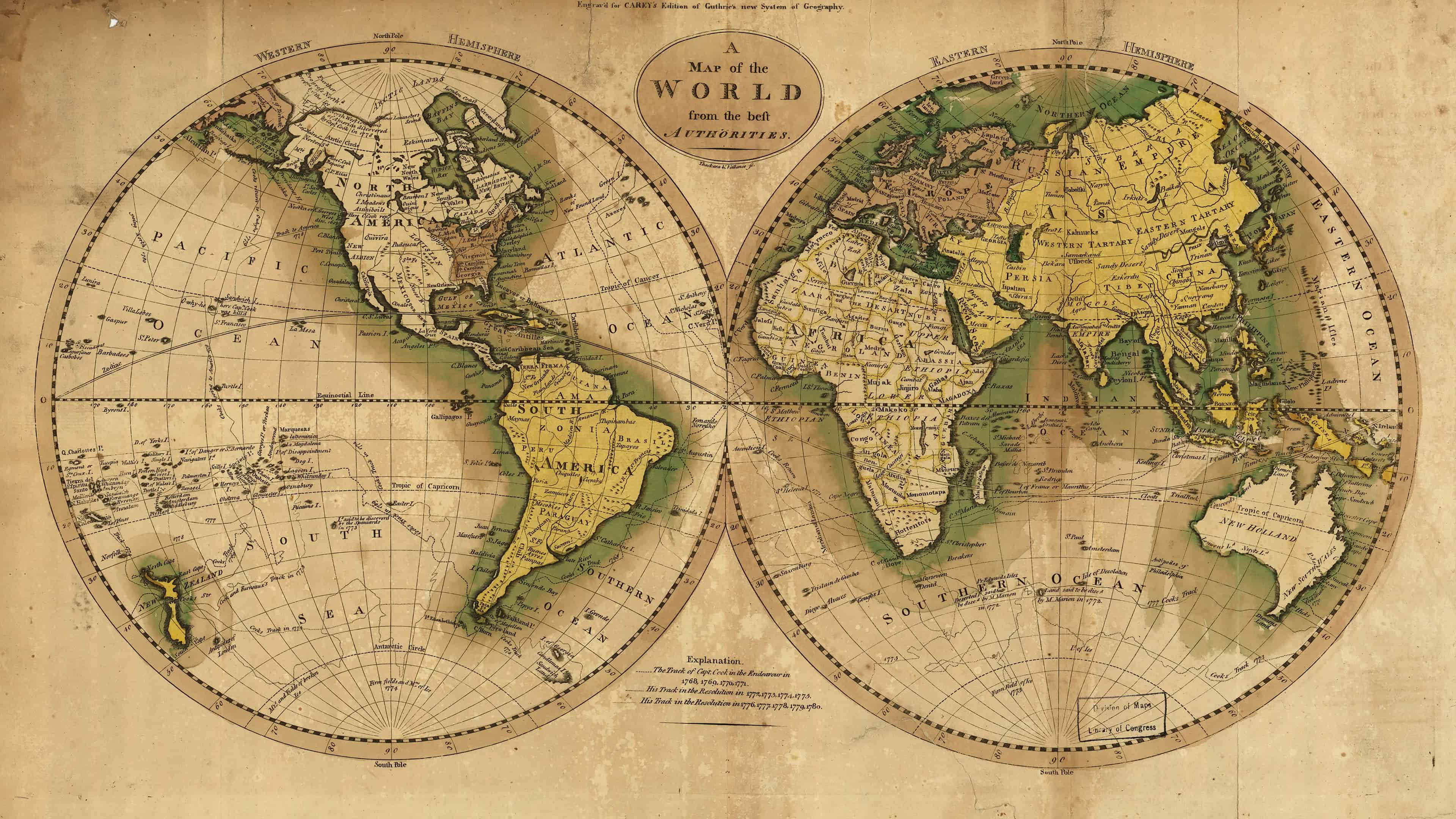United States Map 桌布 壁紙 — 復古雙半球世界地圖，帶有老化羊皮紙紋理和手繪大陸，色調柔和，以綠色、黃色和棕色為主。