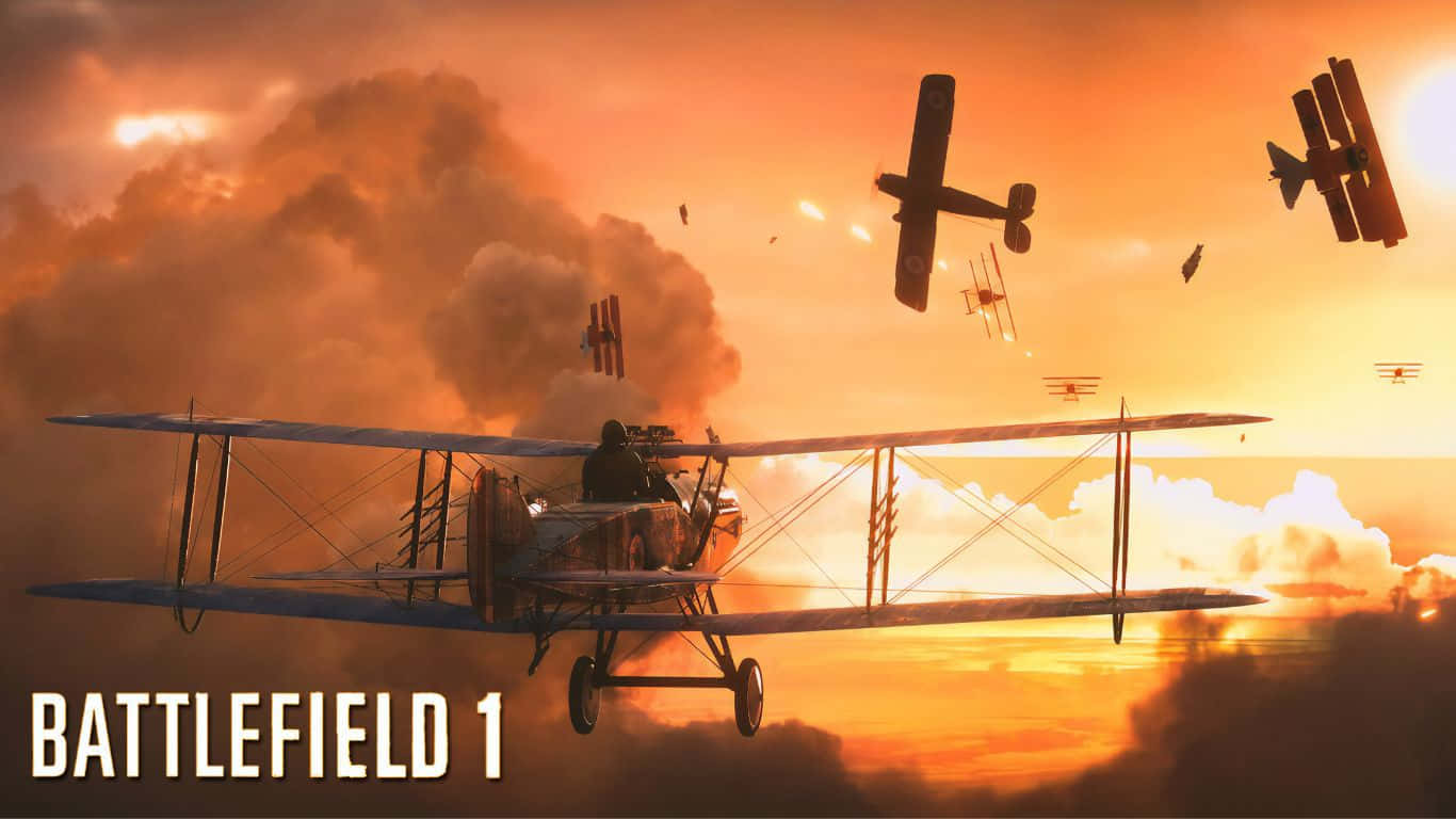 1366x768 Battlefield 1 桌布 壁紙 — 復古雙翼飛機在戰爭遊戲場景中，於戲劇性的日落時分，在熾熱的橙色雲層中進行纏鬥。