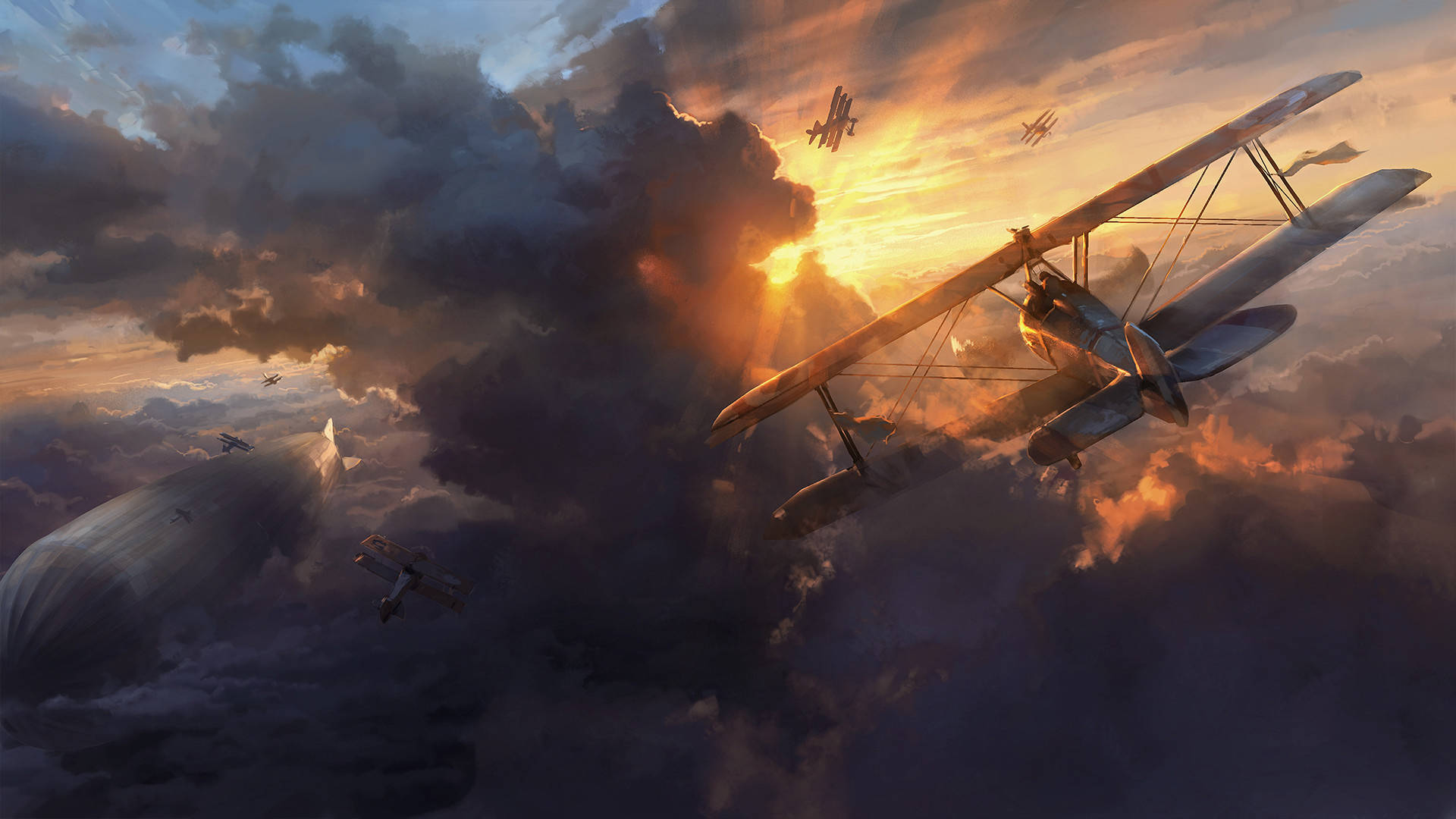 戰地風雲1 桌布 壁紙 — 復古雙翼飛機在戲劇性的雲層中翱翔，巨大的飛船在火紅的夕陽天空下滑行。