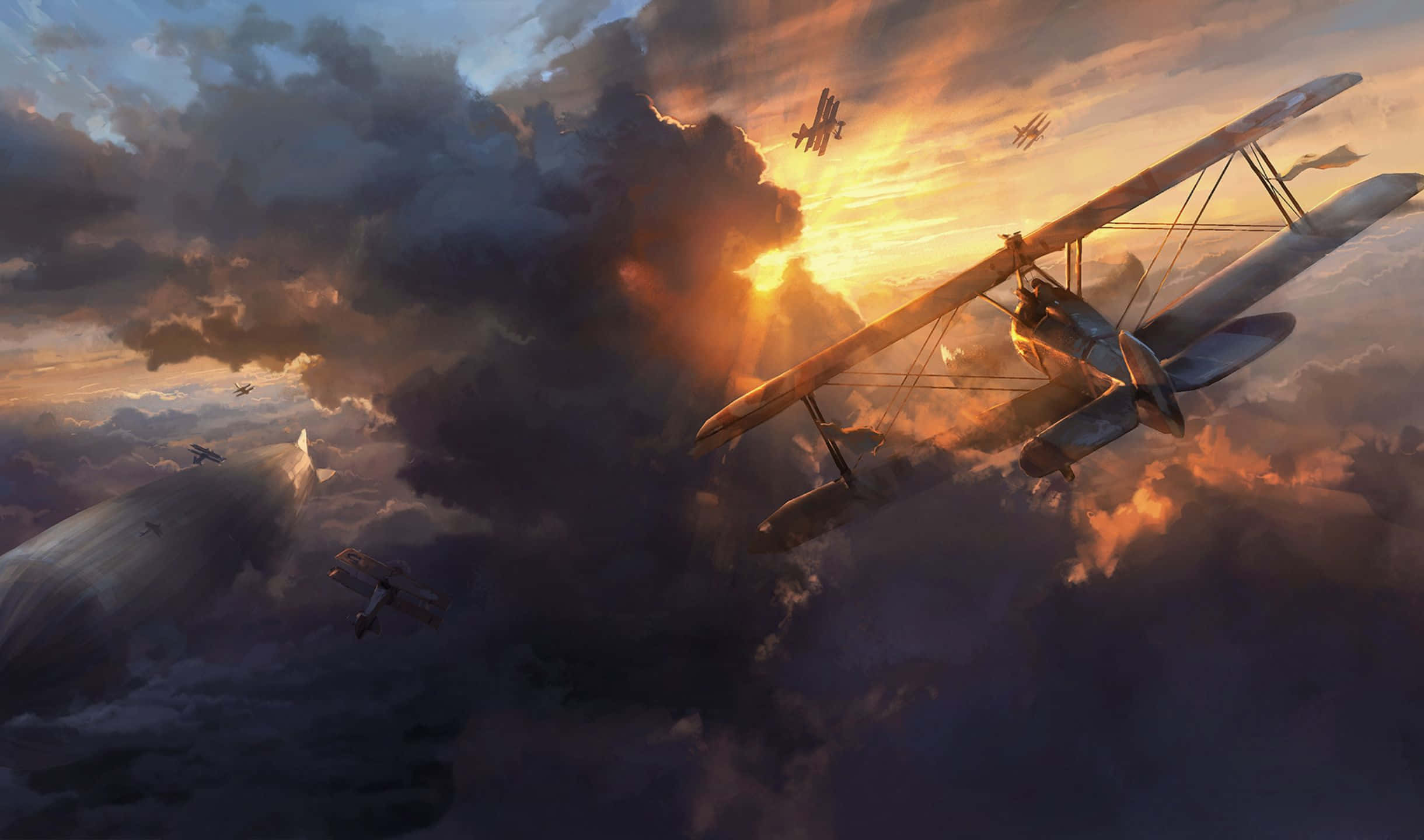2440x1440 Battlefield 1 桌布 壁紙 — 復古雙翼飛機在戲劇性的雲層中翱翔，夕陽穿透雲層，將金色光芒灑在飛機上。