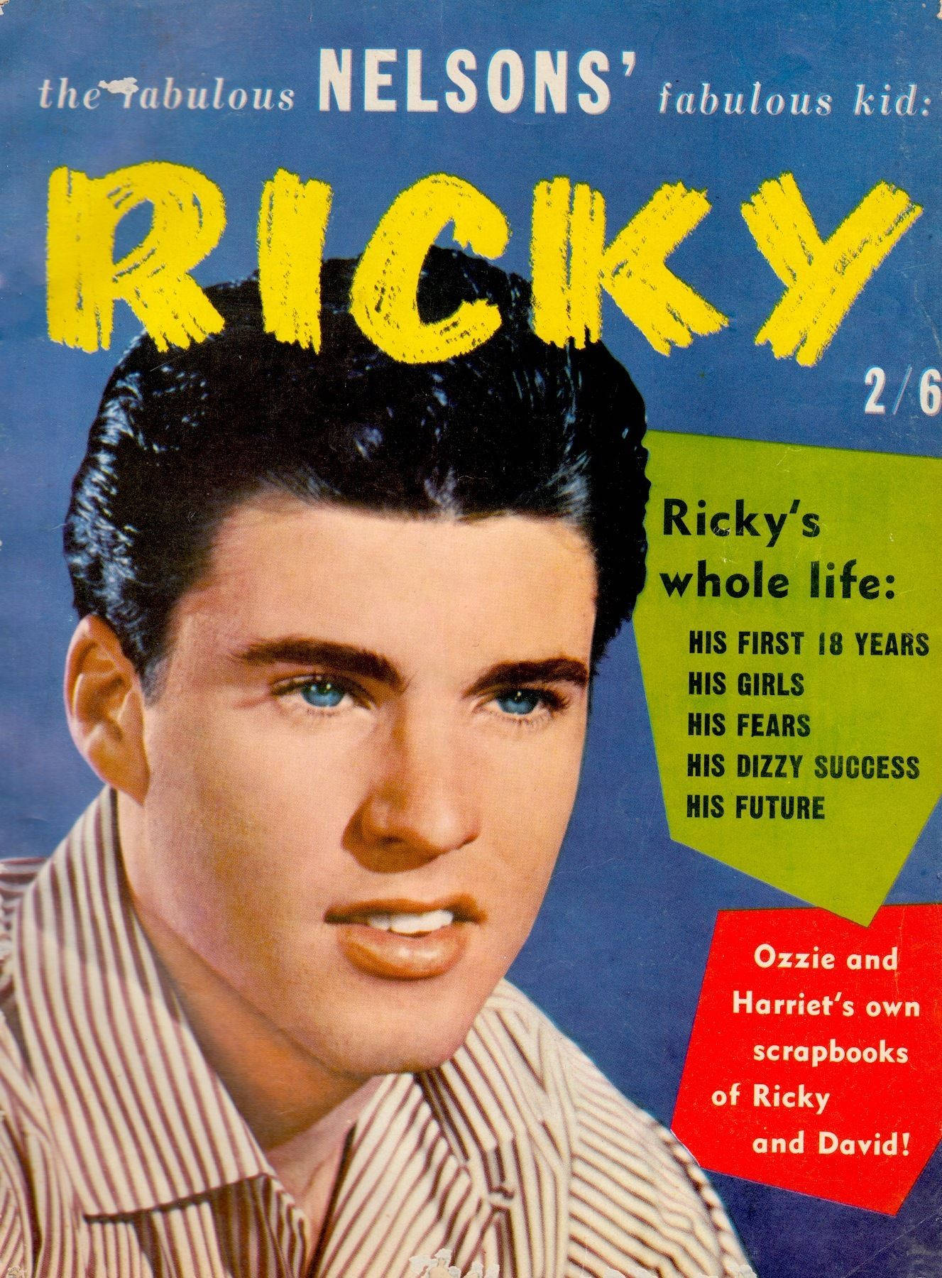 Singer 桌布 壁紙 — 復古雜誌封面， featuring 年輕的Ricky Nelson，梳著向後梳的頭髮和強烈的藍色眼睛，襯托著大膽的藍色背景。