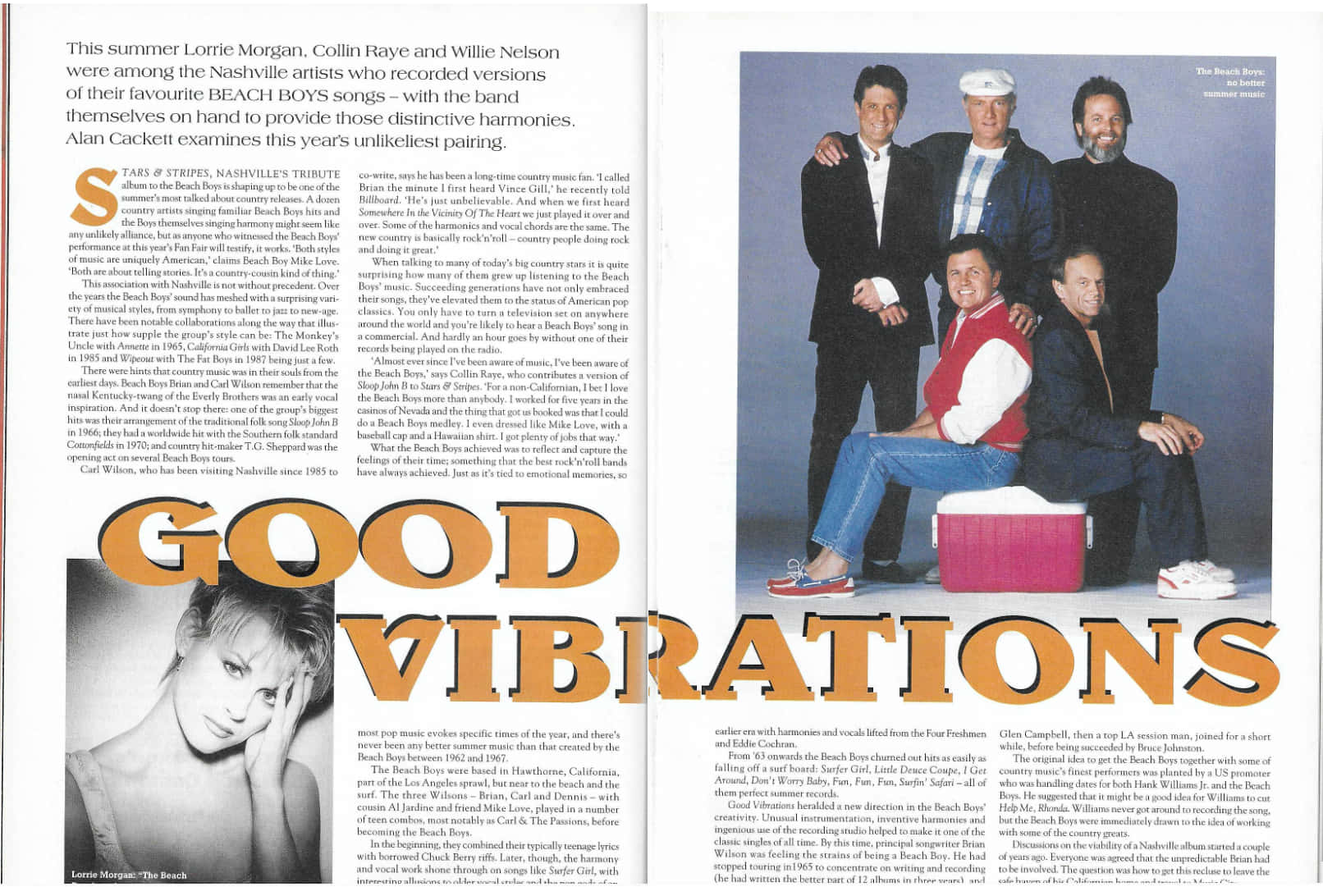 band 桌布 壁紙 — 復古雜誌跨頁，內容有關海灘男孩音樂，配以粗體字體和洛雷塔·摩根的照片。