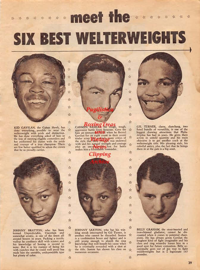 Boxing 桌布 壁紙 — 復古雜誌跨頁，展示六位黑人次中量級拳擊手，配有粗體標題和描述性文字。