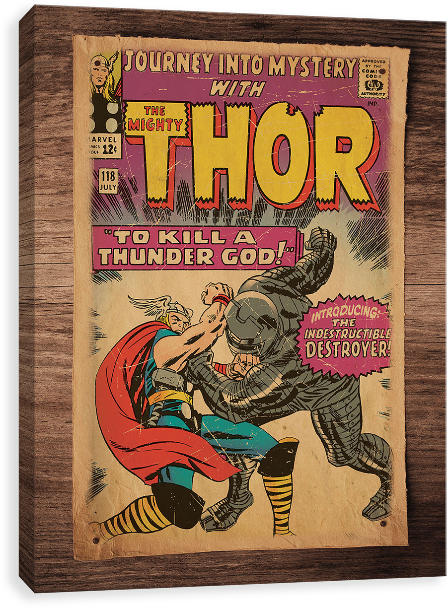 Comics 桌布 壁紙 — 復古雷神漫畫書封面，木框裝裱，展示雷神以1960年代大膽漫畫藝術與無堅不摧的毀滅者戰鬥。