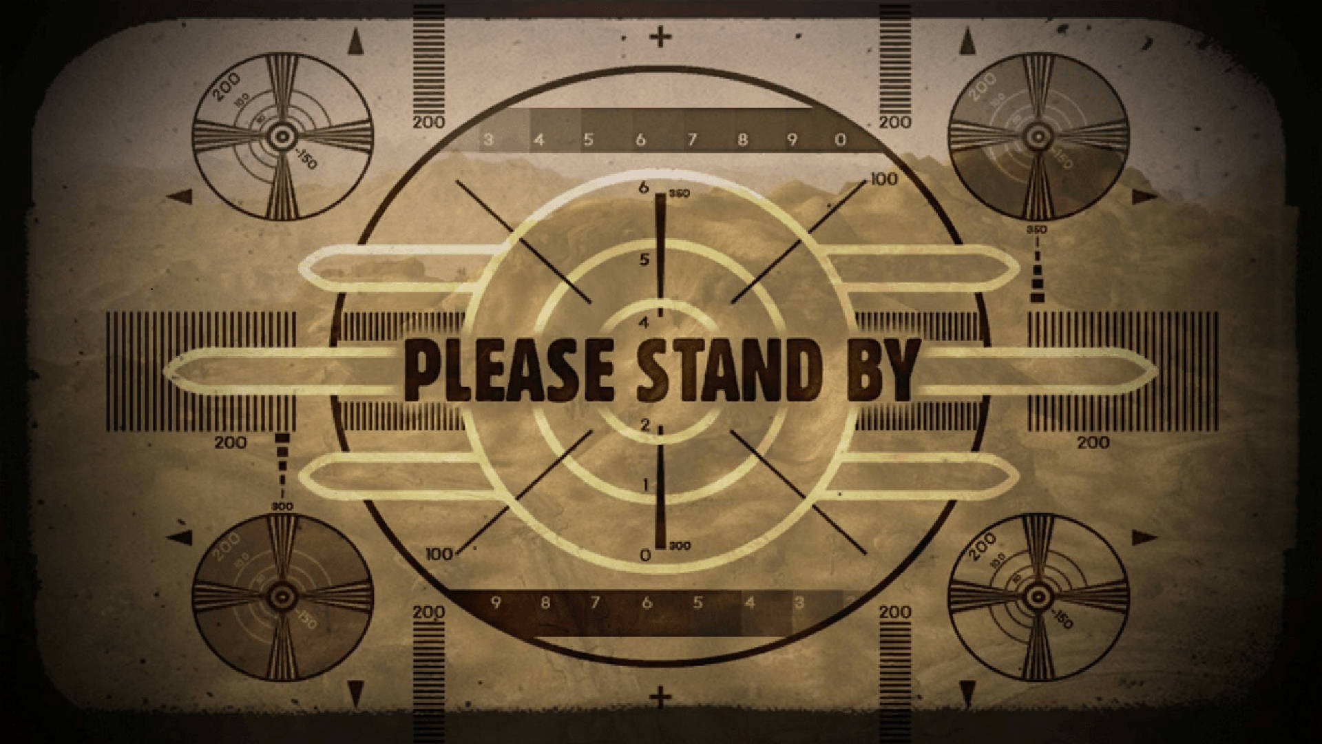 please 桌布 壁紙 — 復古雷達螢幕，中央顯示「PLEASE STAND BY」文字，背景為經風化的米色，帶有圓形刻度盤和測量標尺。