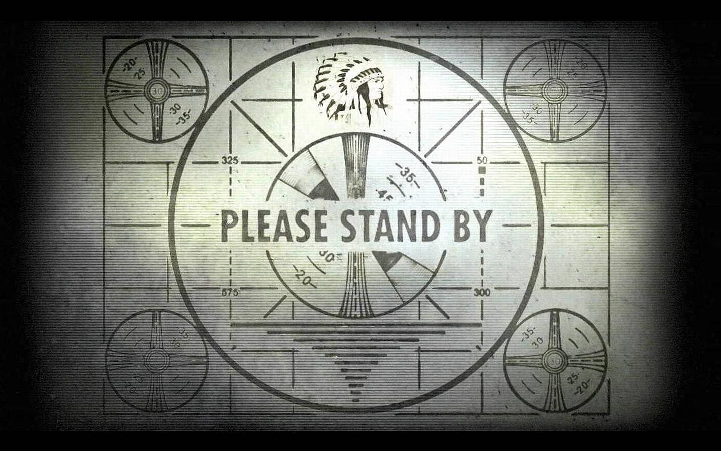 復古 桌布 壁紙 — 復古雷達螢幕，帶有「PLEASE STAND BY」文字和美洲原住民頭飾圖示，單色顯示，帶掃描線和顆粒感。