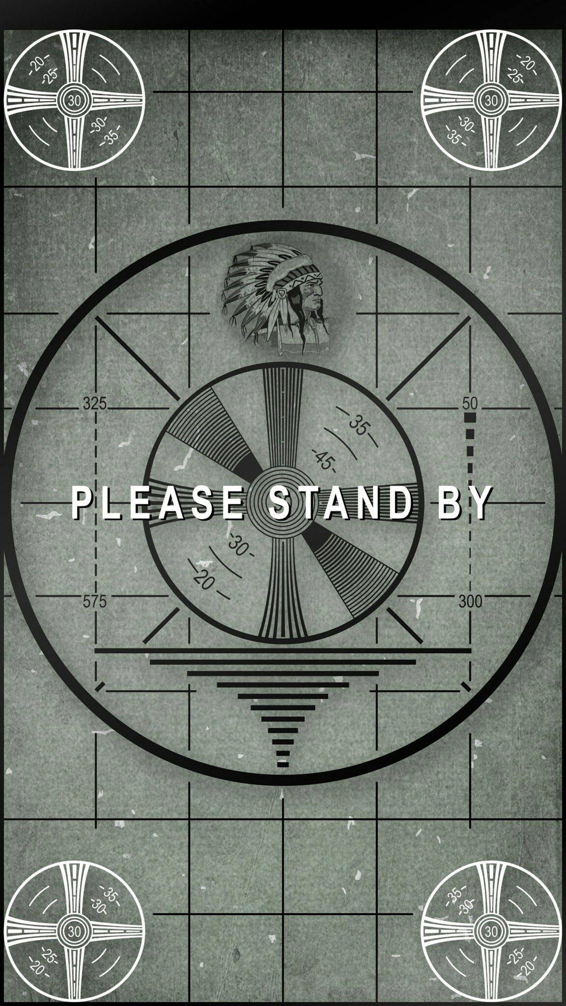 please 桌布 壁紙 — 復古雷達螢幕，帶有美洲原住民頭飾和「PLEASE STAND BY」文字，背景為網格單色。