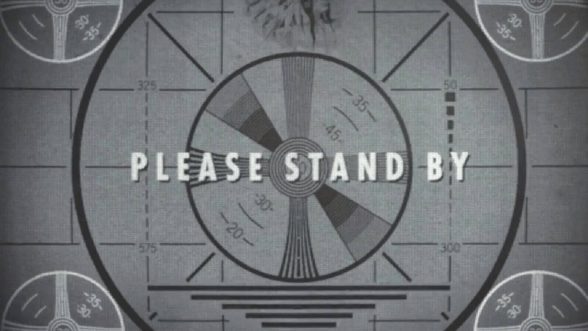 please 桌布 壁紙 — 復古雷達螢幕以粗體文字顯示「PLEASE STAND BY」，背景為單色網格，帶有角形標記和圓形刻度盤。