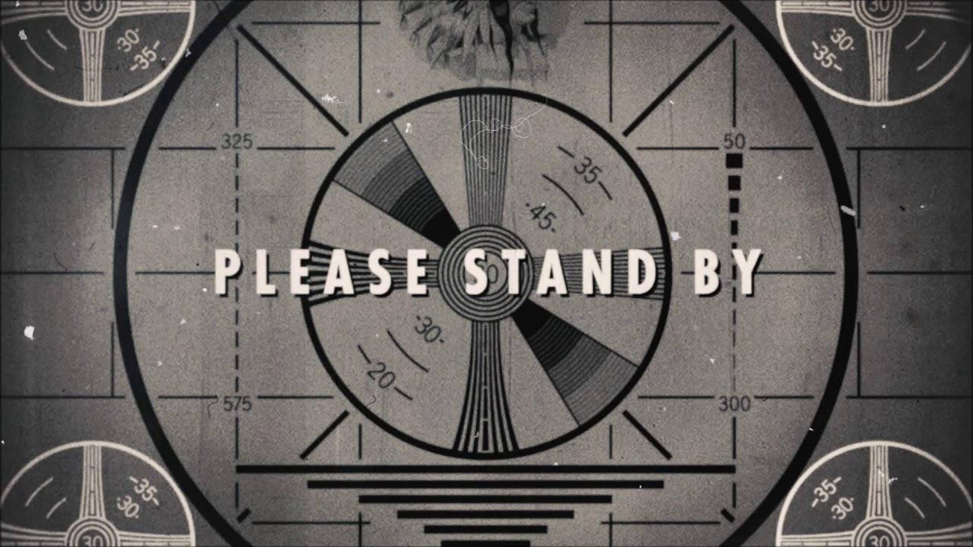 please 桌布 壁紙 — 復古雷達螢幕在單色網格上以粗體顯示 'PLEASE STAND BY'，並帶有角度標記和褪色的圓形儀表。