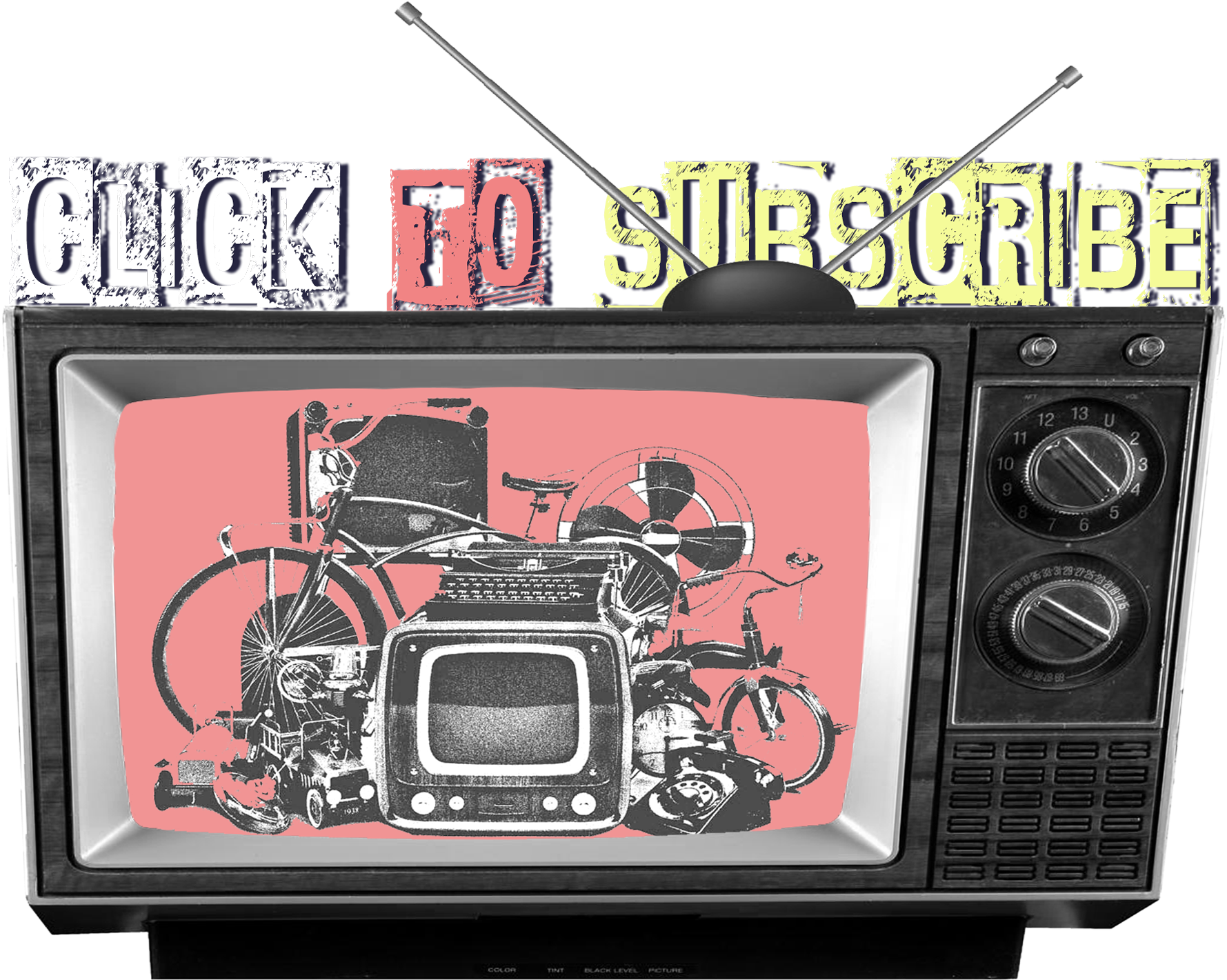 復古 桌布 壁紙 — 復古電視帶有「CLICK TO SUBSCRIBE」橫幅，在粉紅色背景上顯示混亂的黑白拼貼畫，包含復古科技和自行車。