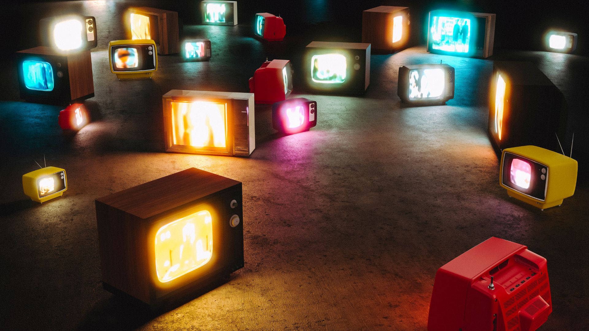 cube 桌布 壁紙 — 復古電視機在黑暗的混凝土地板上散發著彩色靜電和扭曲的影像。