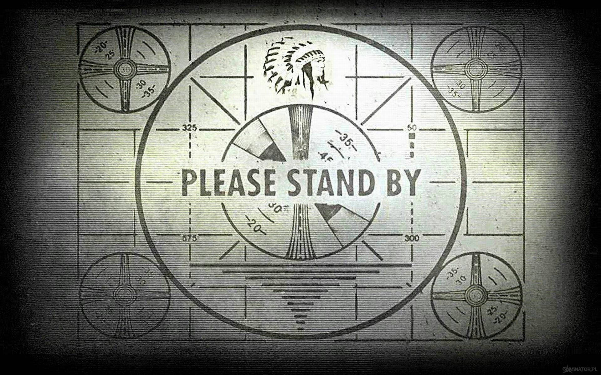 Ps4 Desktop 桌布 壁紙 — 復古電視測試圖案，帶有「PLEASE STAND BY」文字和美洲原住民頭飾圖形，單色。