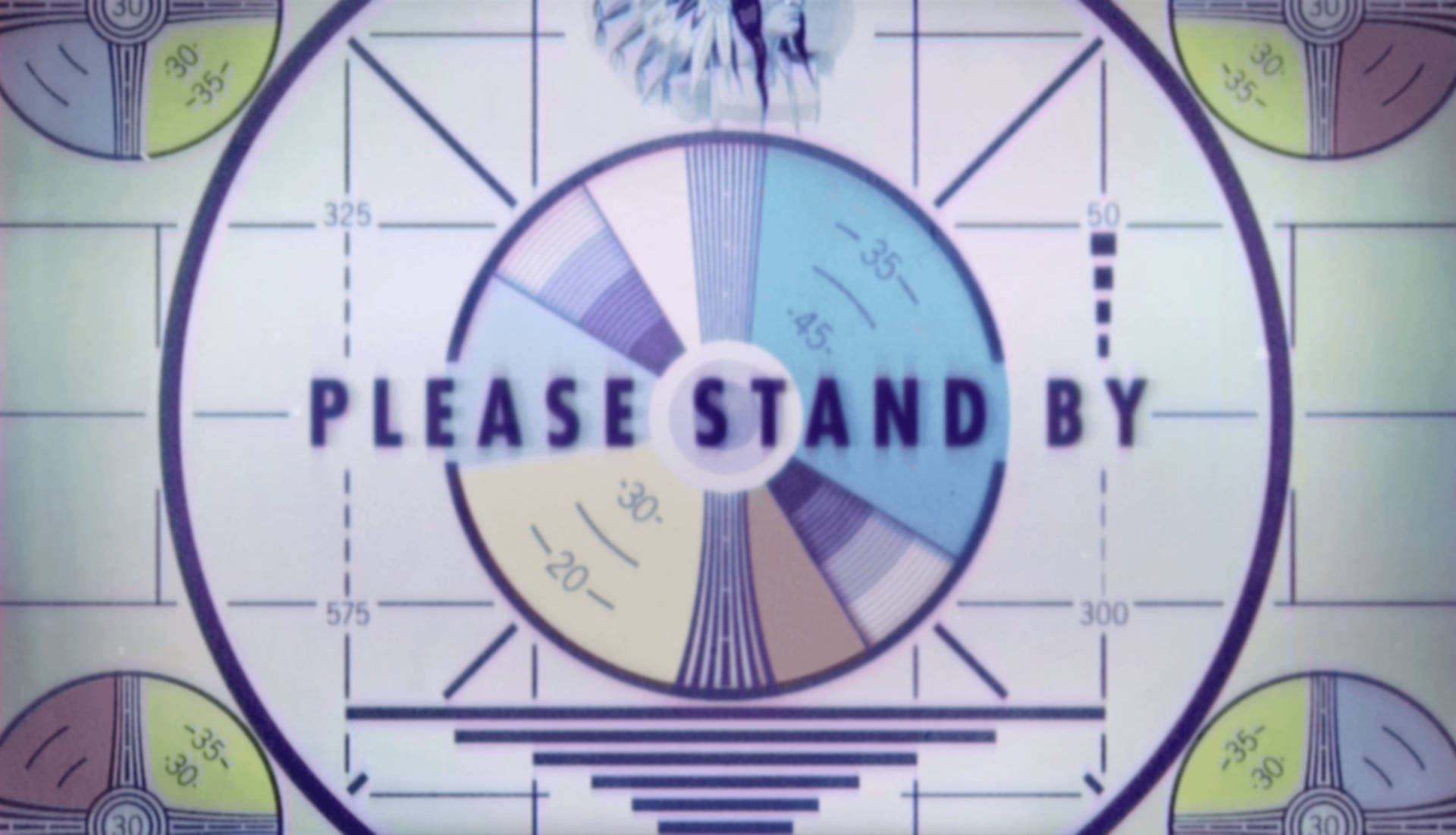 please 桌布 壁紙 — 復古電視測試圖案，帶有旋轉色輪和「PLEASE STAND BY」文字，採用復古藍色和米色調。
