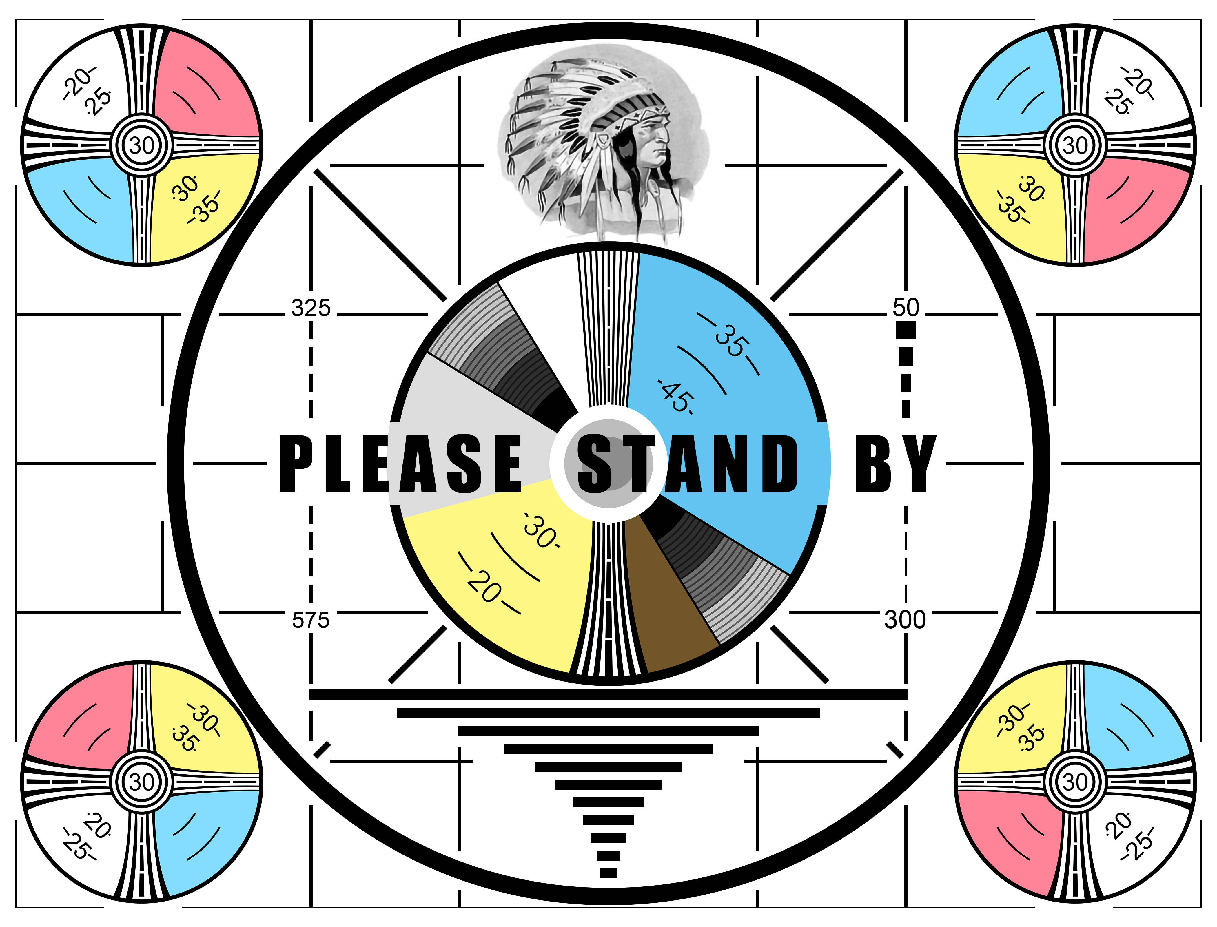 please 桌布 壁紙 — 復古電視測試圖案，帶有美洲原住民酋長剪影和「PLEASE STAND BY」文字。