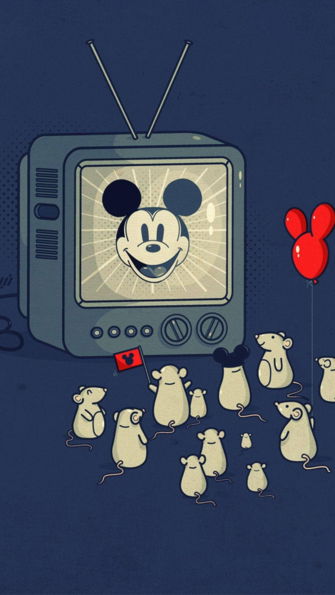 Mickey 桌布 壁紙 — 復古電視顯示微笑的米奇老鼠，周圍有一群拿著紅色氣球的白老鼠在歡呼。