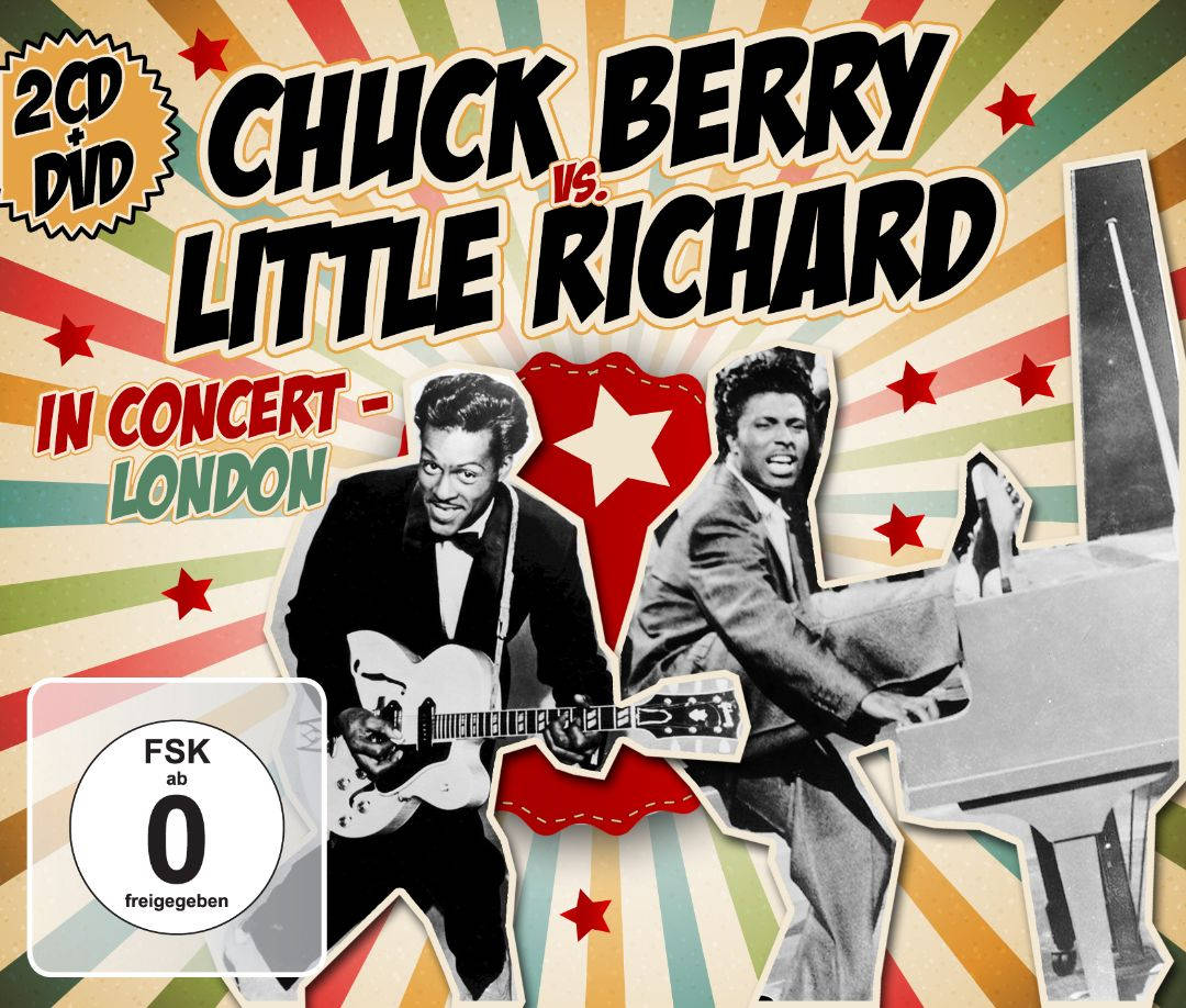 好萊塢 桌布 壁紙 — 復古音樂會海報，以黑白呈現Chuck Berry和Little Richard，背景為彩色條紋和星星。