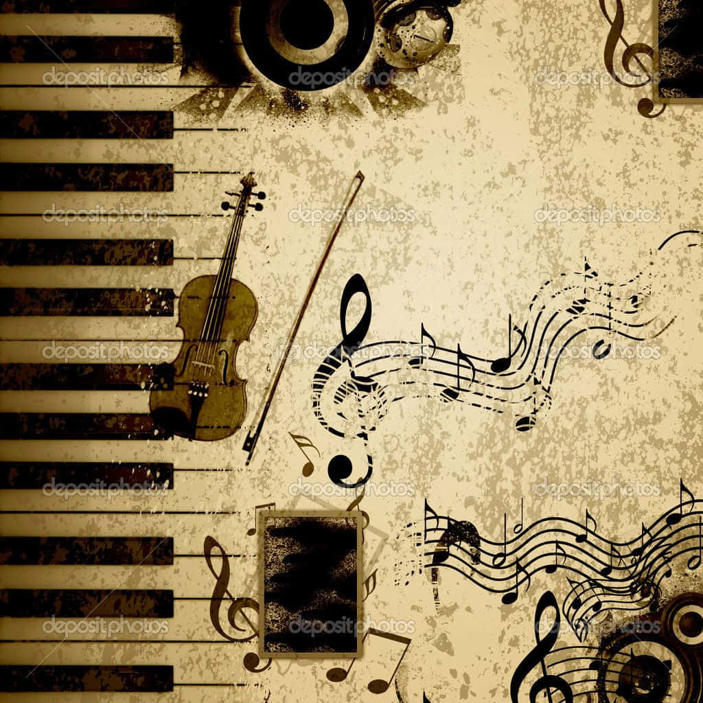 Music Notes 桌布 壁紙 — 復古頹廢風格壁紙，以鋼琴鍵、小提琴弓和旋轉音符為特色，背景為帶紋理的米色。