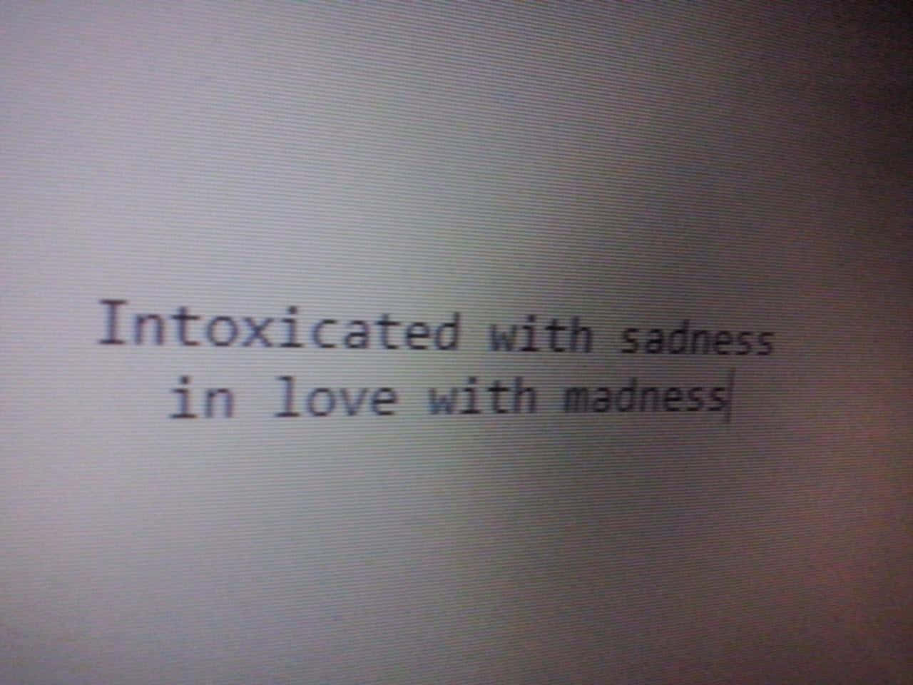 sadness 桌布 壁紙 — 復古顯示器螢幕上的文字顯示為「沉醉於悲傷，愛上瘋狂」，並帶有可見的掃描線。