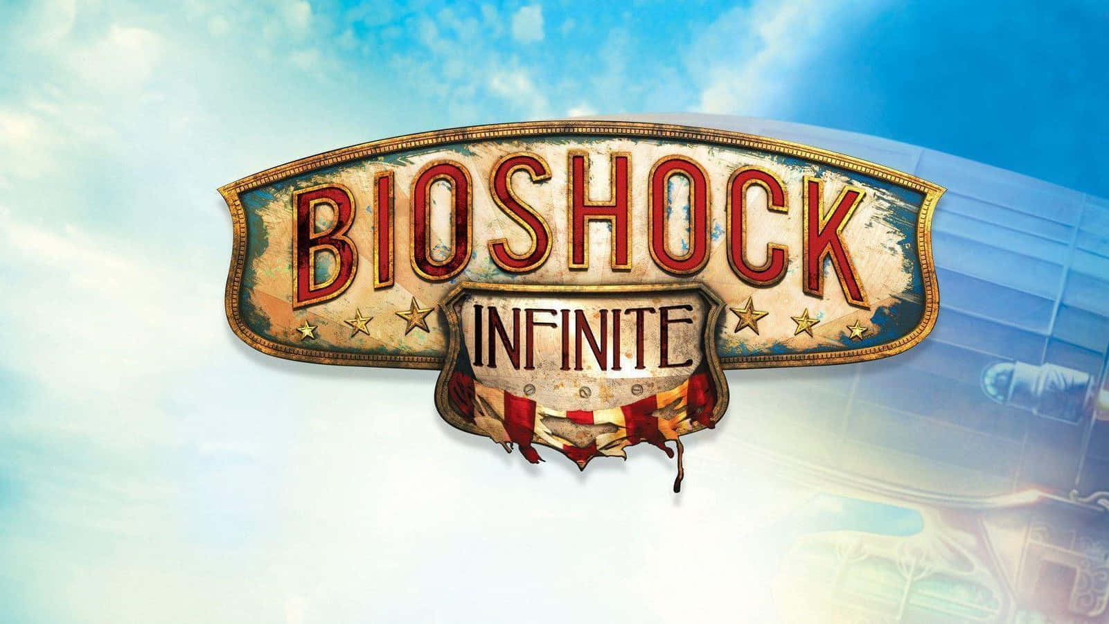 Best Bioshock Infinite 桌布 壁紙 — 復古風化的Bioshock Infinite標誌，紅色字體搭配金色邊框，背景是晴朗的藍天白雲。