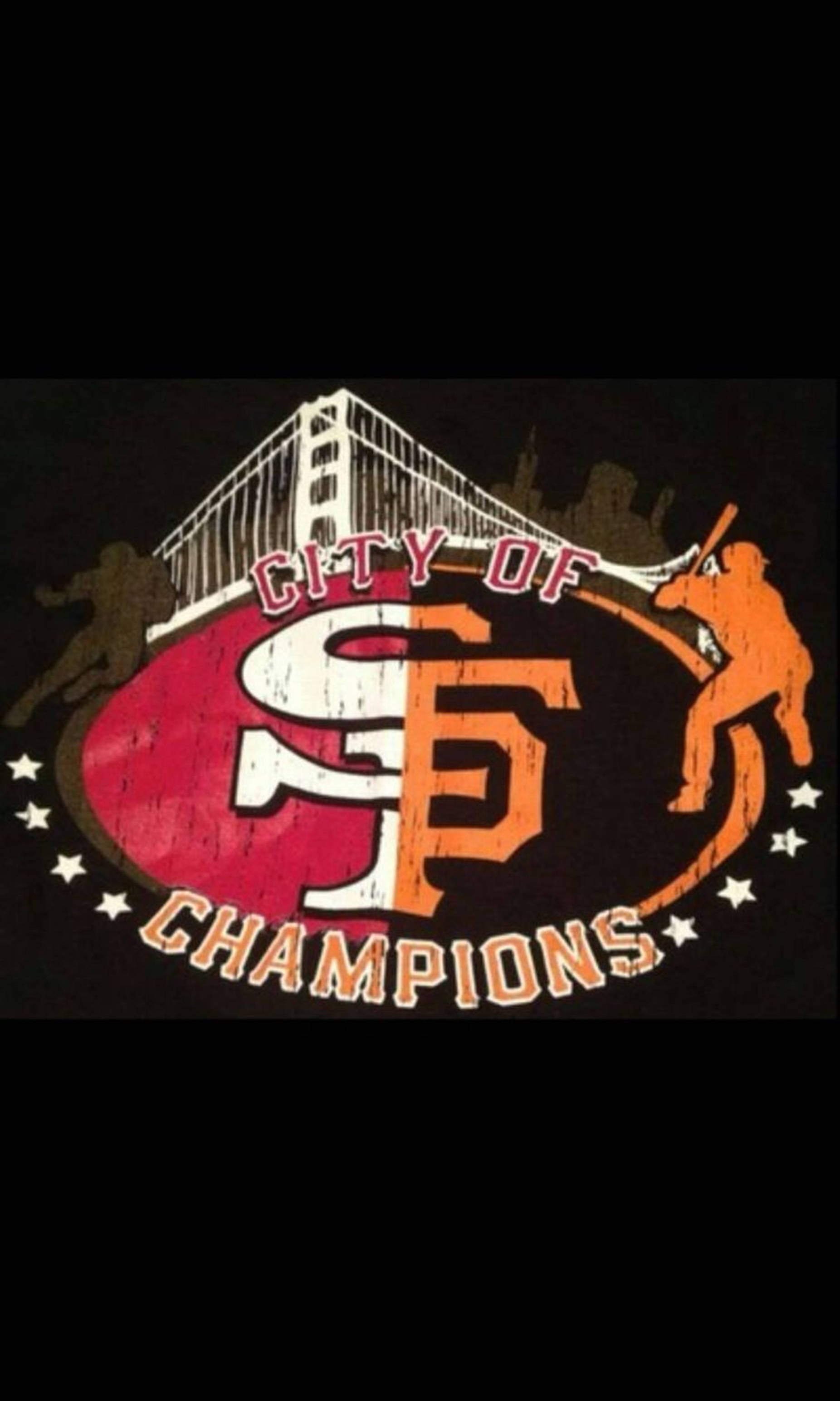 藝術 桌布 壁紙 — 復古風格圖案，以黑色背景襯托金門大橋和「City of Champions」文字，並有棒球運動員剪影。