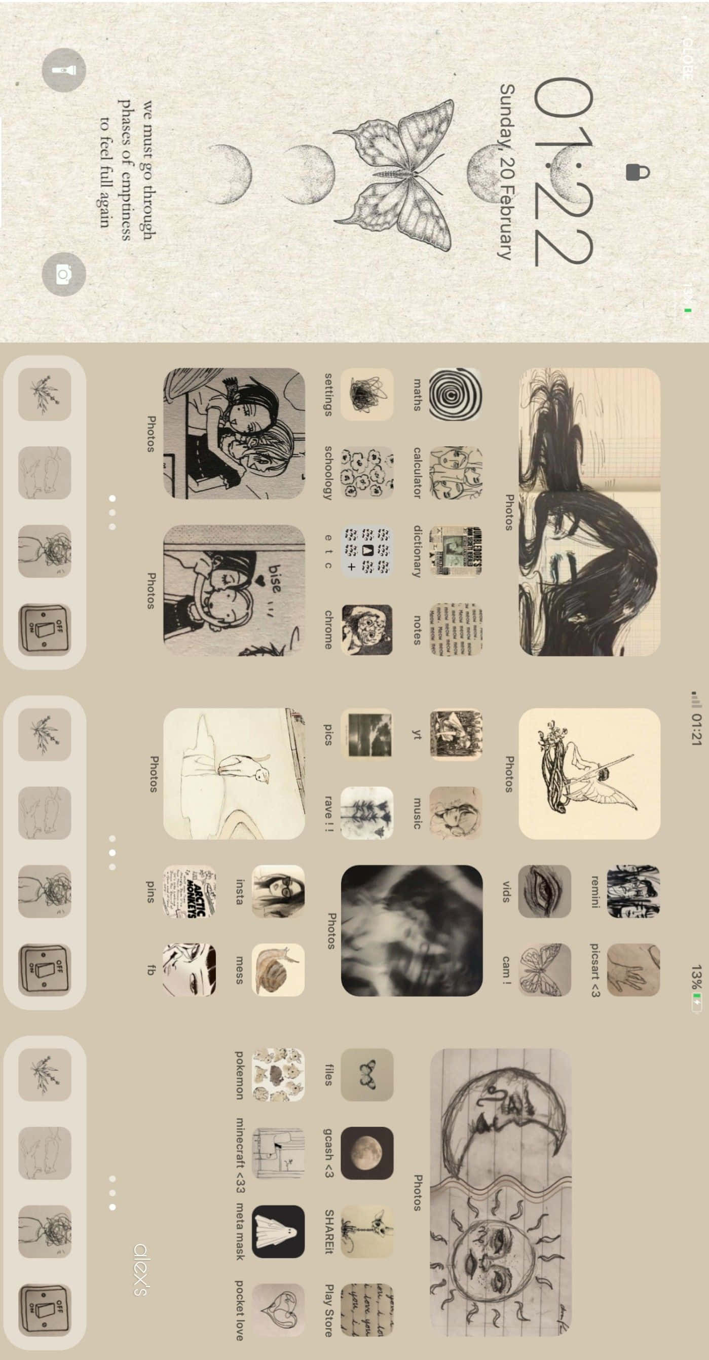 Aesthetic Widgets 桌布 壁紙 — 復古風格壁紙，在橫線紙上手繪蝴蝶、月亮和面孔的草圖，並疊加數位時鐘。