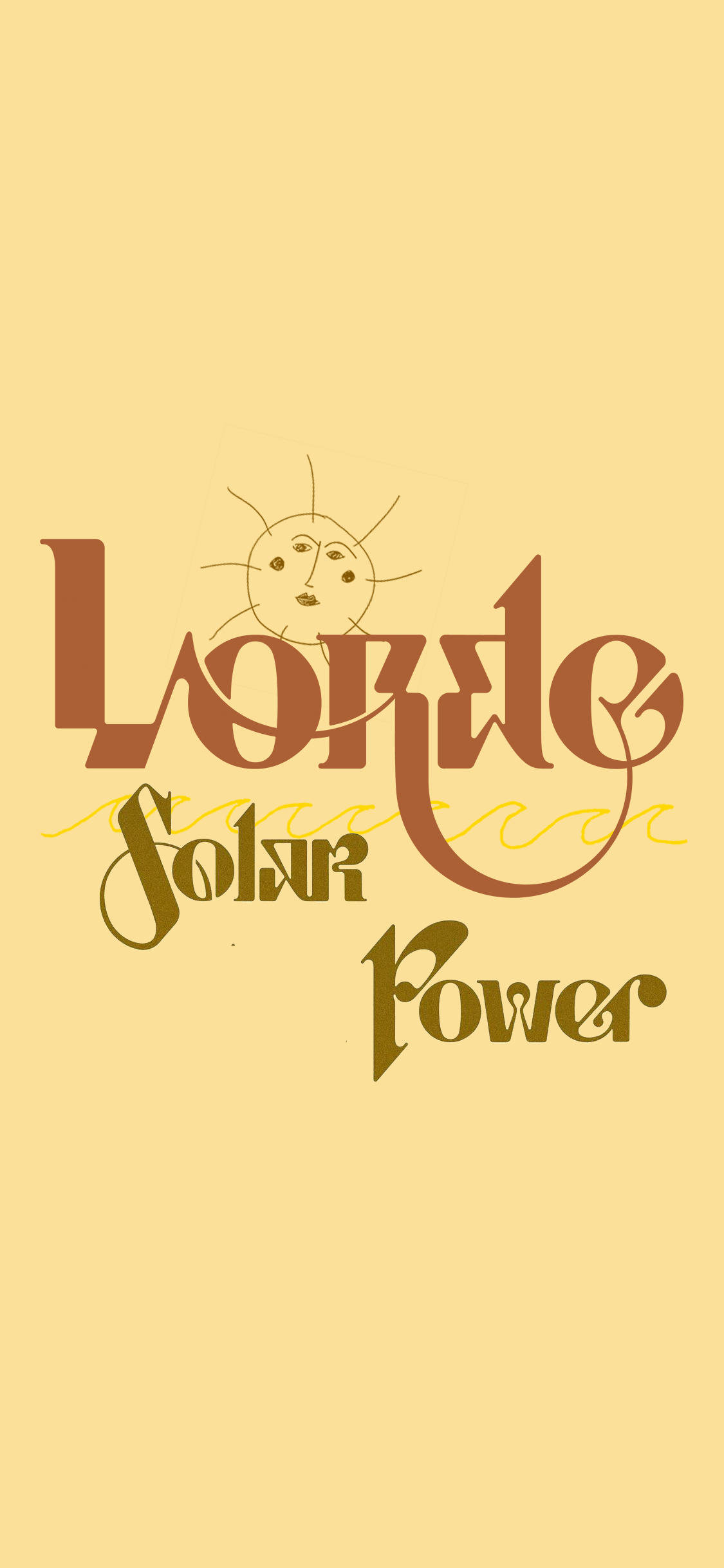Lorde 桌布 壁紙 — 復古風格字體寫著「Lorde Solar Power」，上方有一個太陽臉孔，背景為淡黃色。