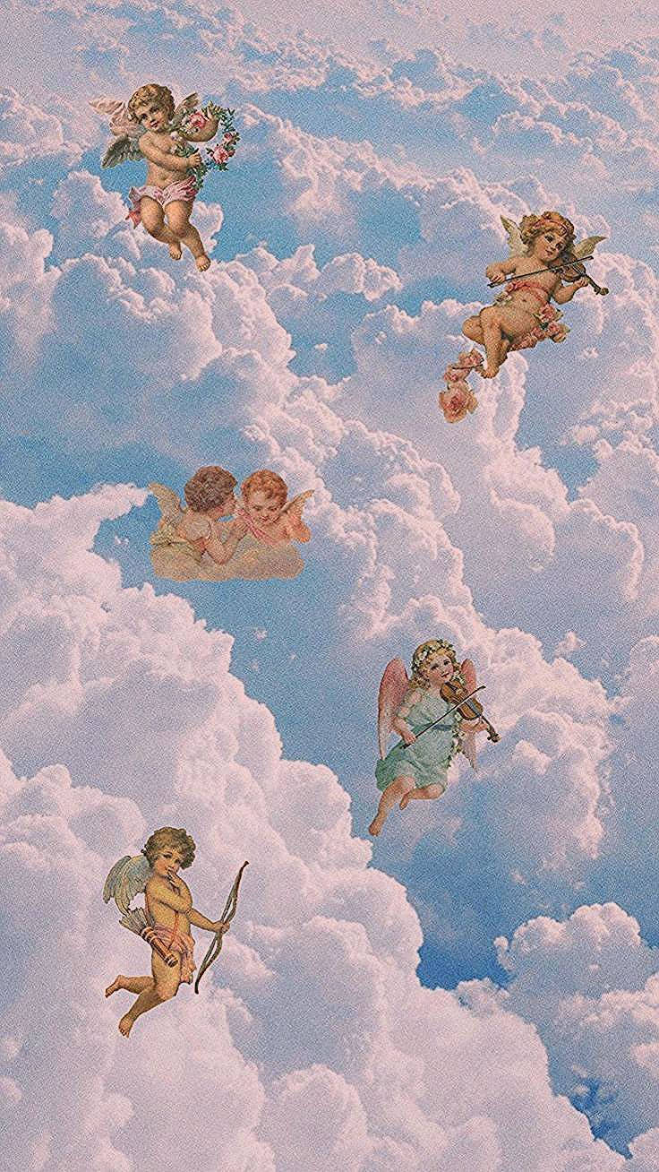angels 桌布 壁紙 — 復古風格帶翅膀的小天使在夢幻天空中，在柔和的粉紅色和藍色雲朵之間嬉戲漂浮。