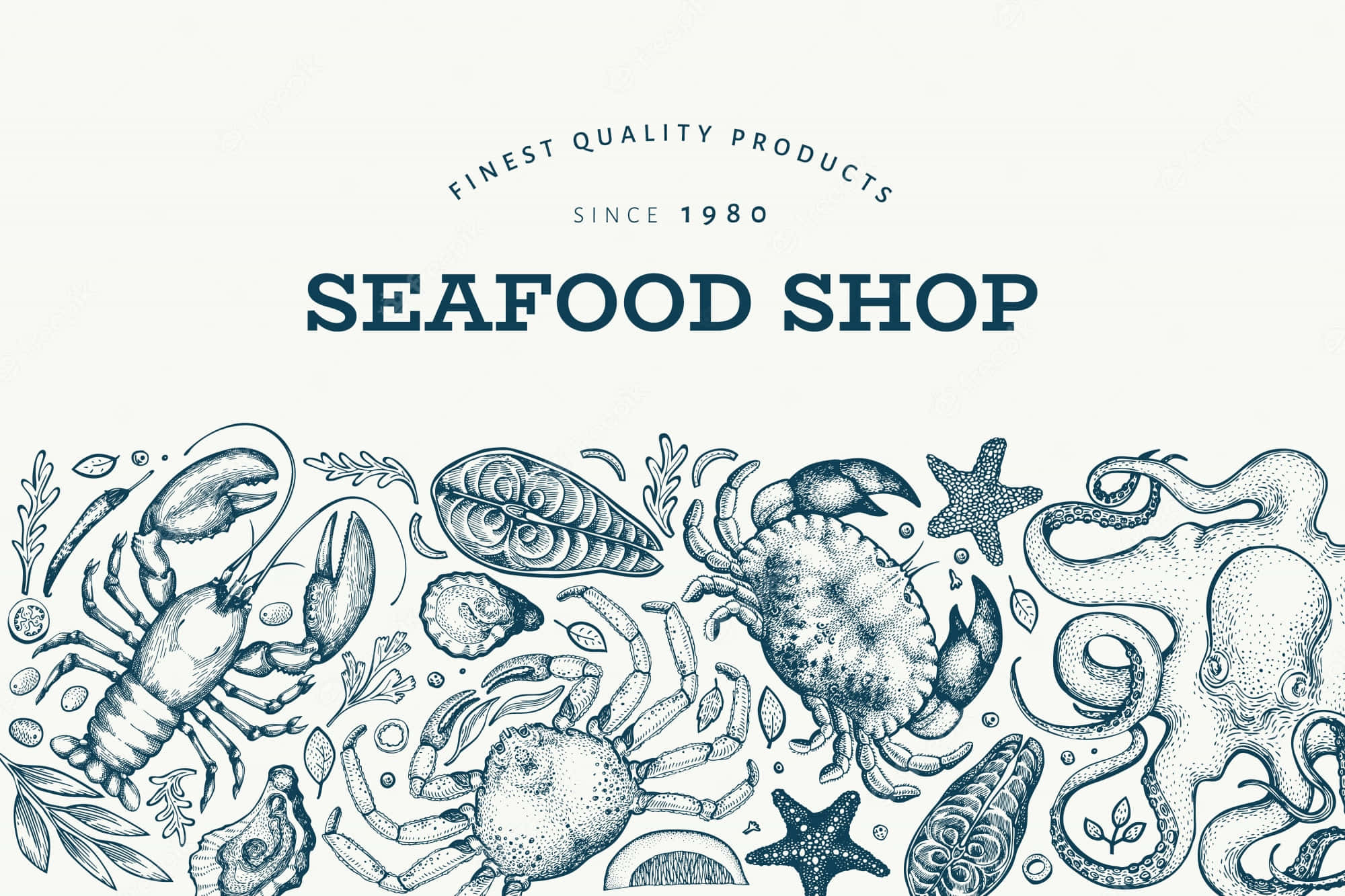 Seafood 桌布 壁紙 — 復古風格插圖，包含龍蝦、螃蟹、章魚和海星等各種海鮮，圍繞著粗體文字「SEAFOOD SHOP」自1980年。