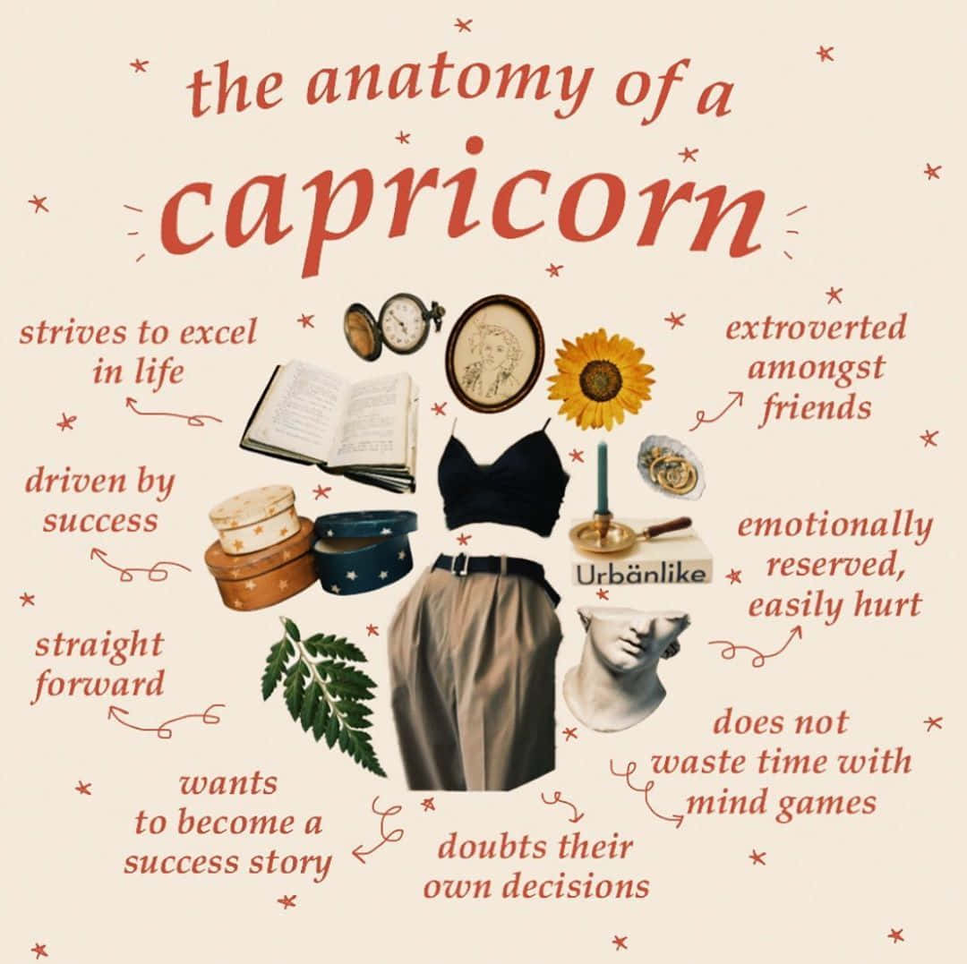 Capricorn Aesthetic 桌布 壁紙 — 復古風格插圖拼貼畫，描繪摩羯座特質，包括女性服裝、向日葵、書籍和古典半身像，背景為奶油色。
