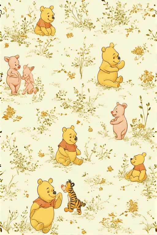 Winnie the Pooh 壁紙 — 復古風格插畫壁紙，描繪小熊維尼、小豬和跳跳虎在奶油色背景上的金色野花田中。