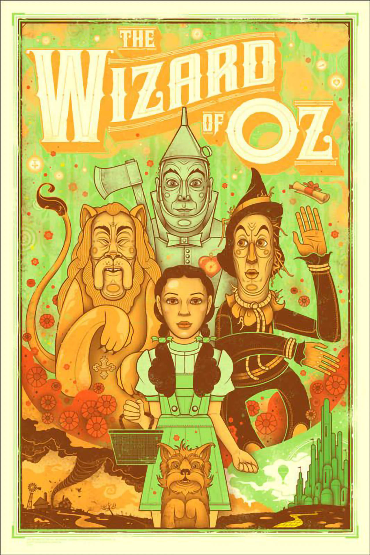 wizard 桌布 壁紙 — 復古風格插畫海報，描繪《綠野仙蹤》中的桃樂絲、錫人、膽小獅和邪惡女巫，背景為奇幻的綠色和橙色。