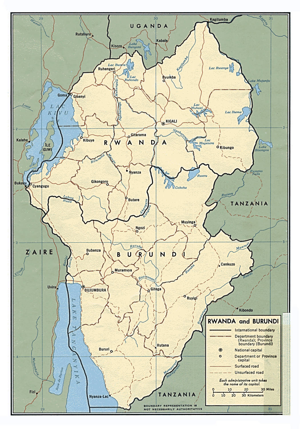Burundi 桌布 壁紙 — 復古風格政治地圖，顯示盧安達和蒲隆地，標有城市、河流和邊界，背景為柔和綠色。