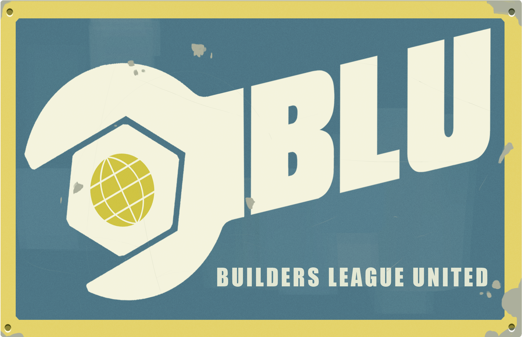 Tf2 Logo 桌布 壁紙 — 復古風格標誌，藍色背景配黃色邊框，上有粗體奶油色字體和地球圖示。
