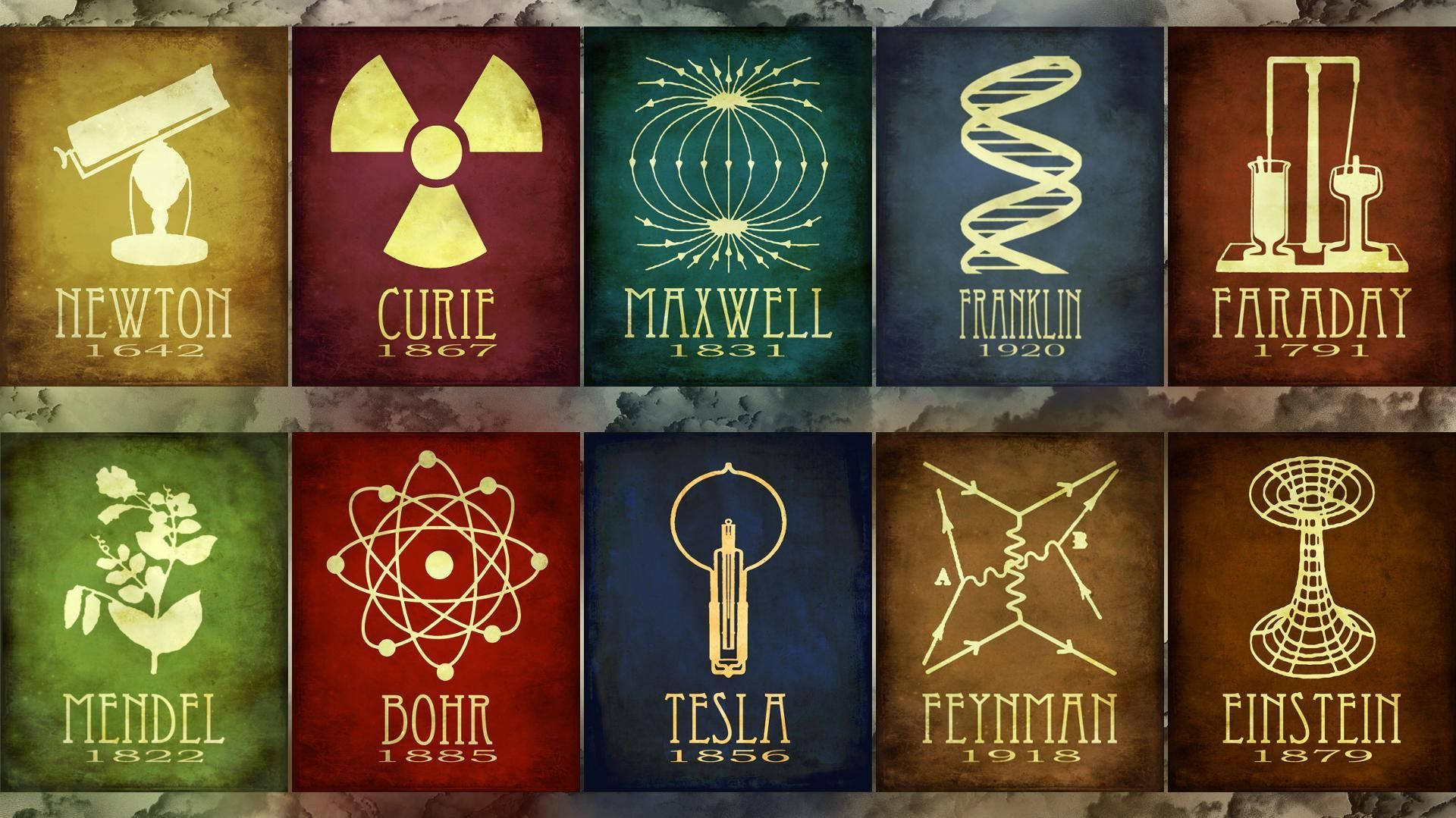 科學 桌布 壁紙 — 復古風格海報，向十位科學先驅致敬，每位均帶有其標誌性符號和出生年份，置於紋理背景上。