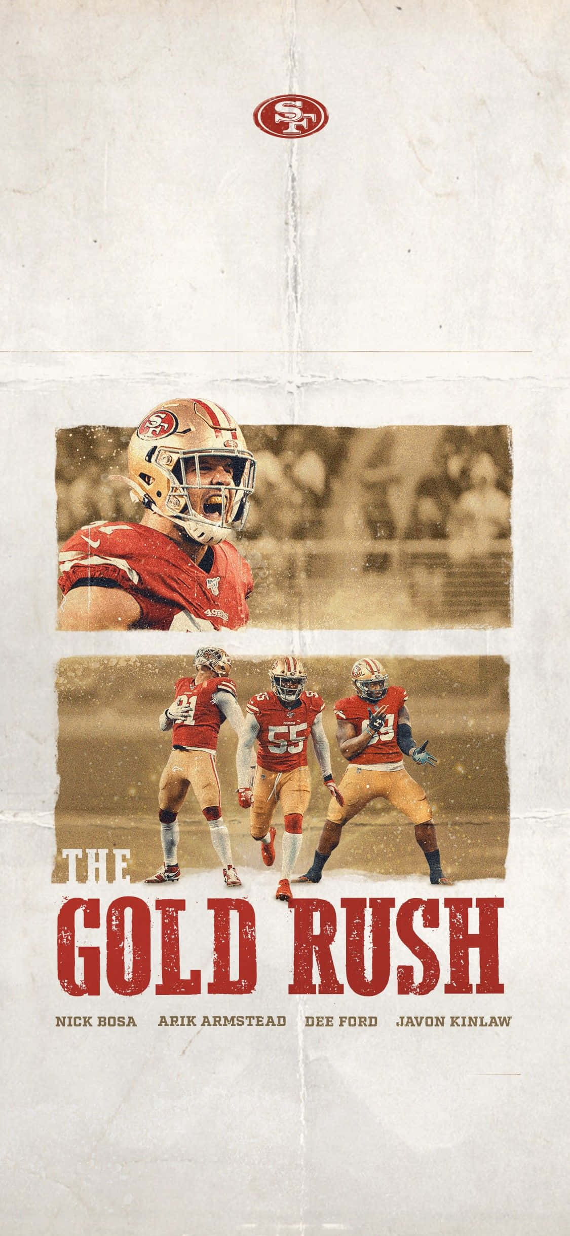 San Francisco 49ers 桌布 壁紙 — 復古風格海報，展示舊金山四九人隊美式足球員身穿紅色和金色球衣，標題為 'The Gold Rush'。