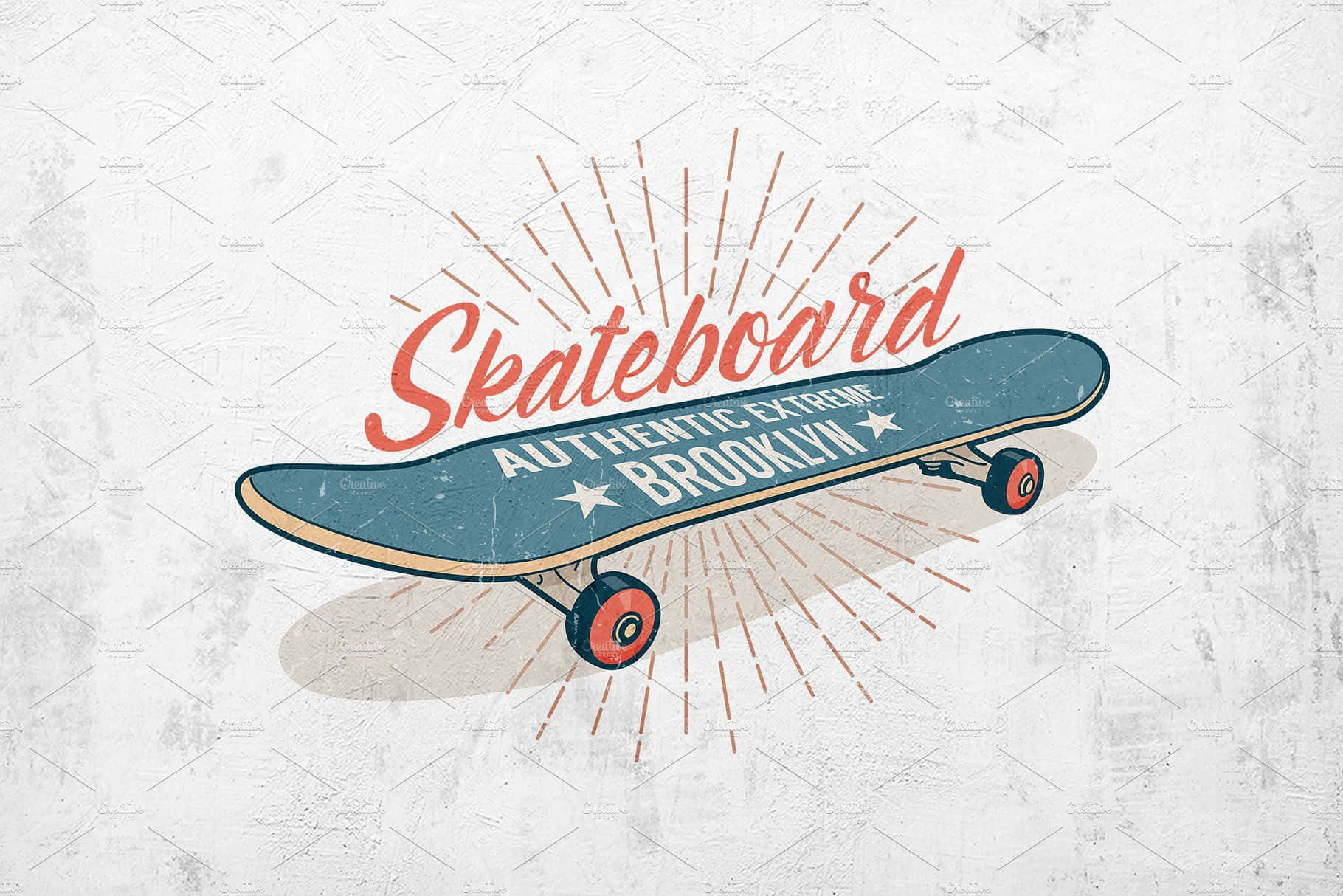 Retro Skateboard 桌布 壁紙 — 復古風格滑板圖案，帶有「Skateboard Authentic Extreme Brooklyn」文字和紋理背景上的太陽光線。